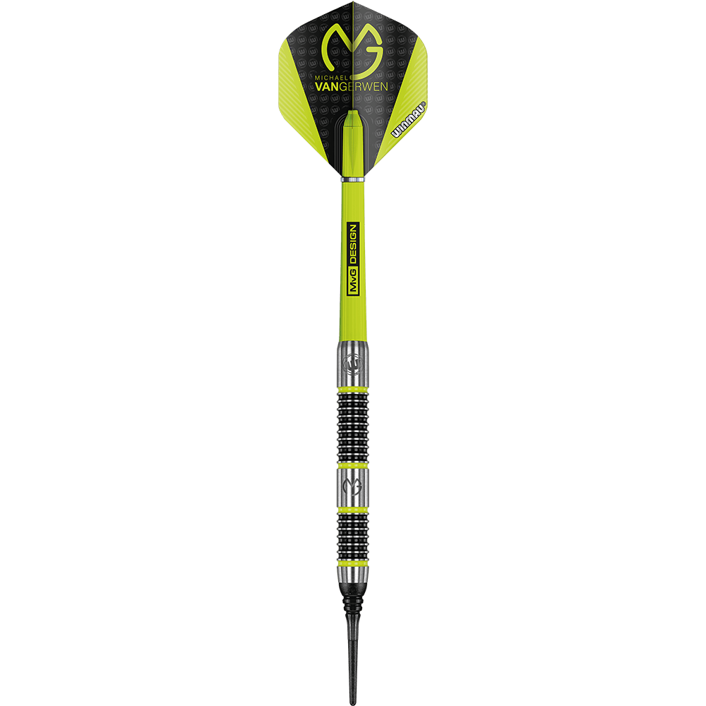 2433_Winmau_Michael_Van_Gerwen_MvG_Aspire_Softdarts_1Eusgs497eYeVg Das Bild zeigt einen Winmau Michael Van Gerwen MvG Aspire Softdart mit einem Gewicht von 20 Gramm. Der Dart ist schwarz, silber und neongelb gestaltet und trägt das MvG-Logo.