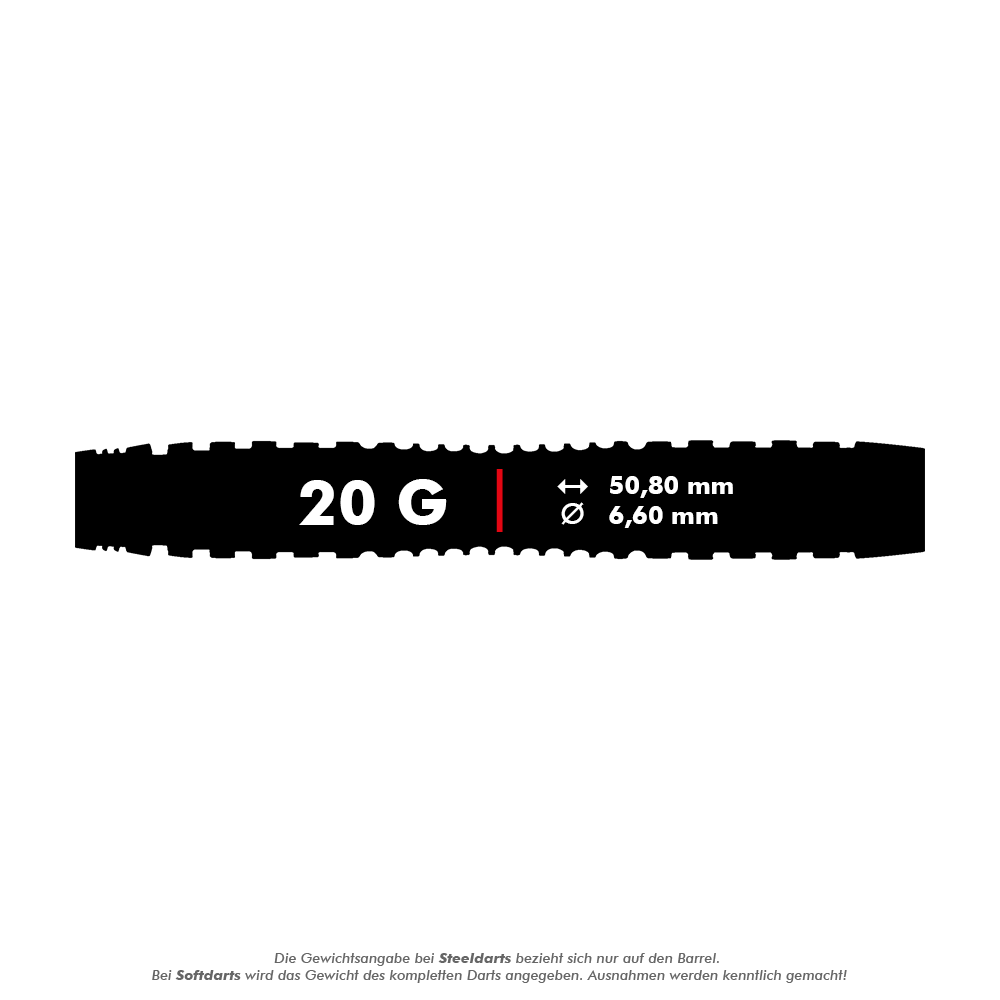 Das Bild zeigt die technischen Daten der Winmau Joe Cullen Rockstar Series RS1 Softdarts mit 20 Gramm Gewicht. Die Darts haben eine Länge von 50,80 mm und einen Durchmesser von 6,60 mm.