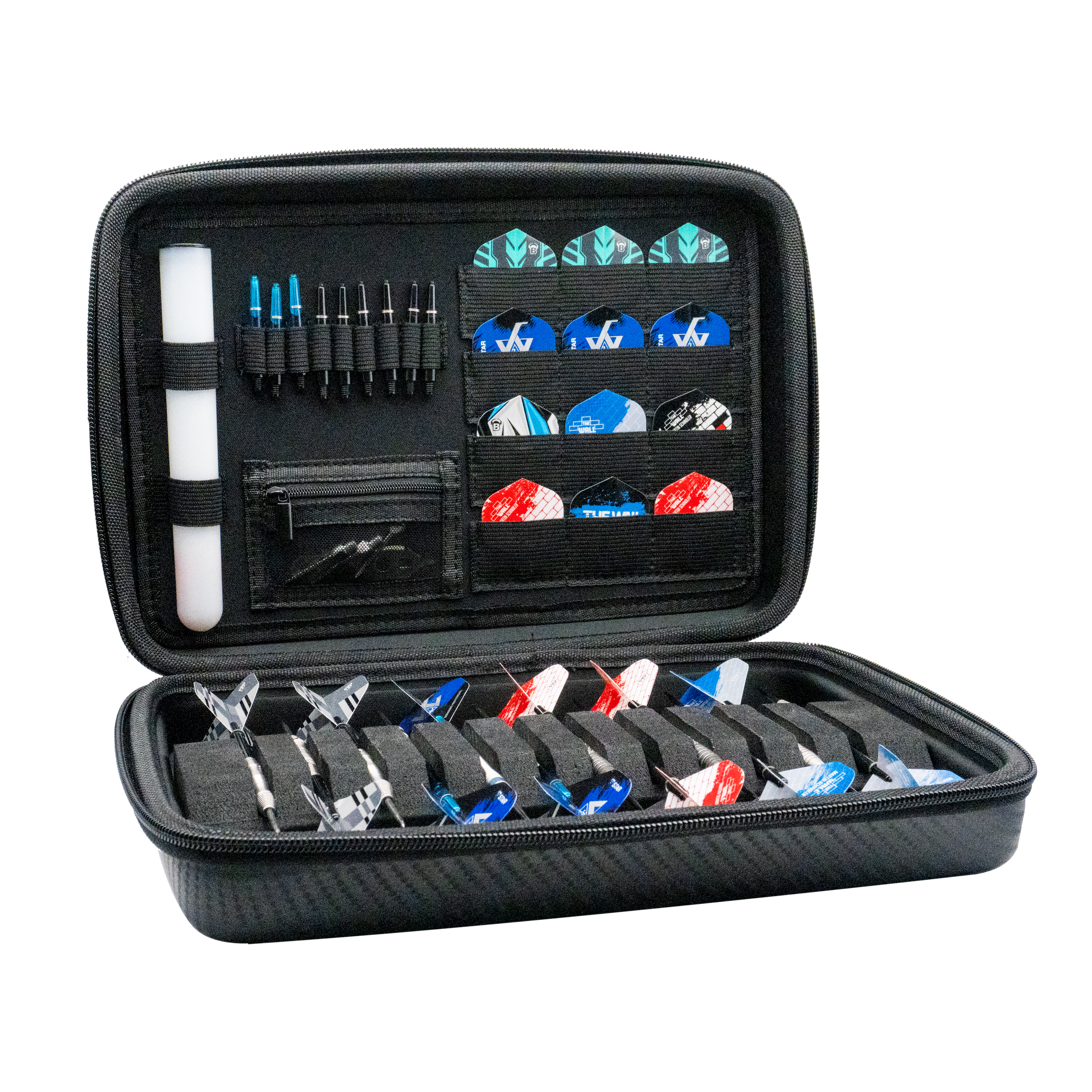 Custodia per freccette Bulls Orbis XXL - grigio carbonio Das Bild zeigt das Bulls Orbis XXL Dartcase in Carbongrey, geöffnet mit verschiedenen Darts und Zubehör ordentlich einsortiert. Das Etui bietet viel Platz für Darts, Flights und weiteres Zubehör.