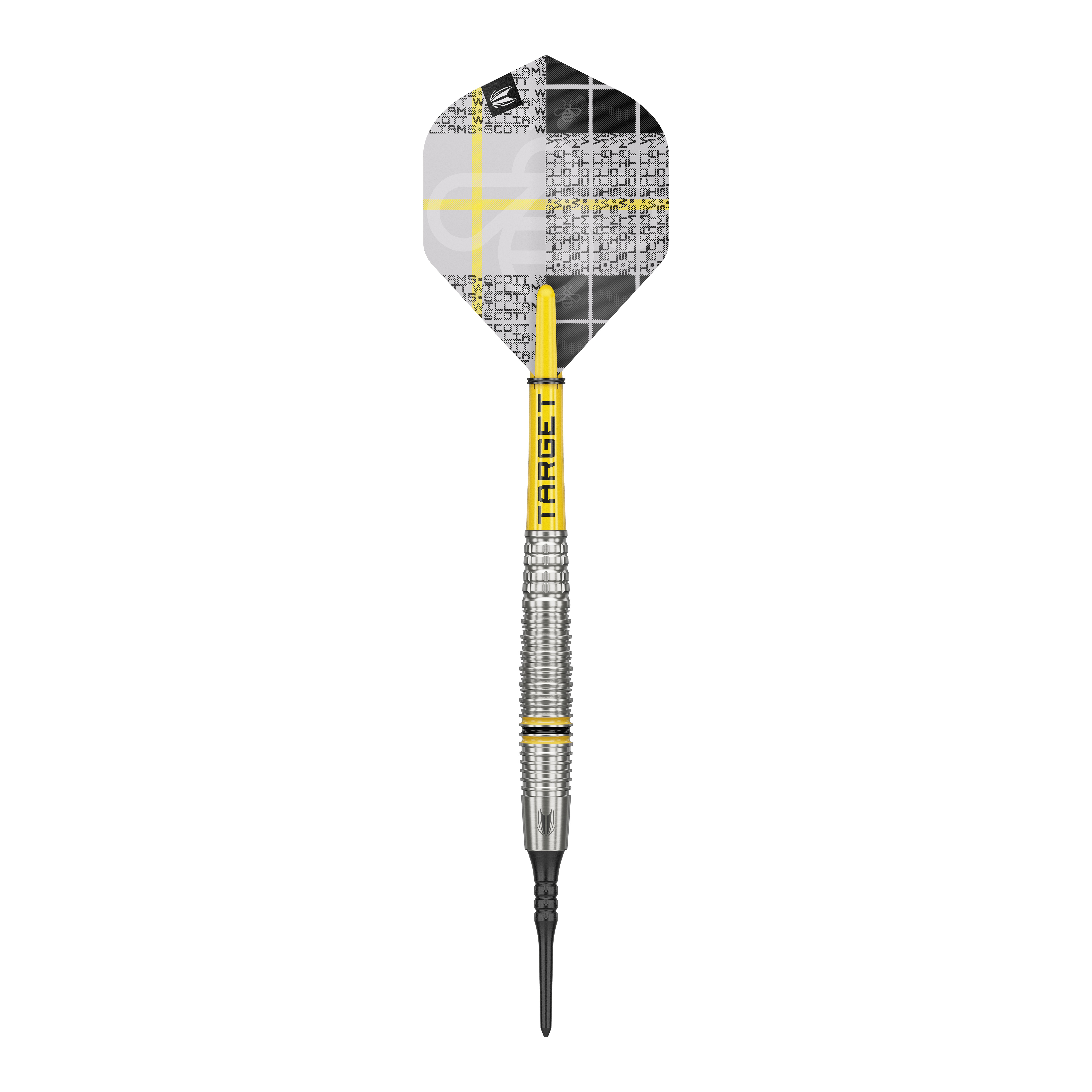 Freccette morbide Target Scott Williams GEN2 - 18 g Das Bild zeigt einen Target Scott Williams GEN2 Softdart mit einem Gewicht von 18g. Der Dart hat gelbe Akzente und ein modernes, silberfarbenes Barrel-Design.