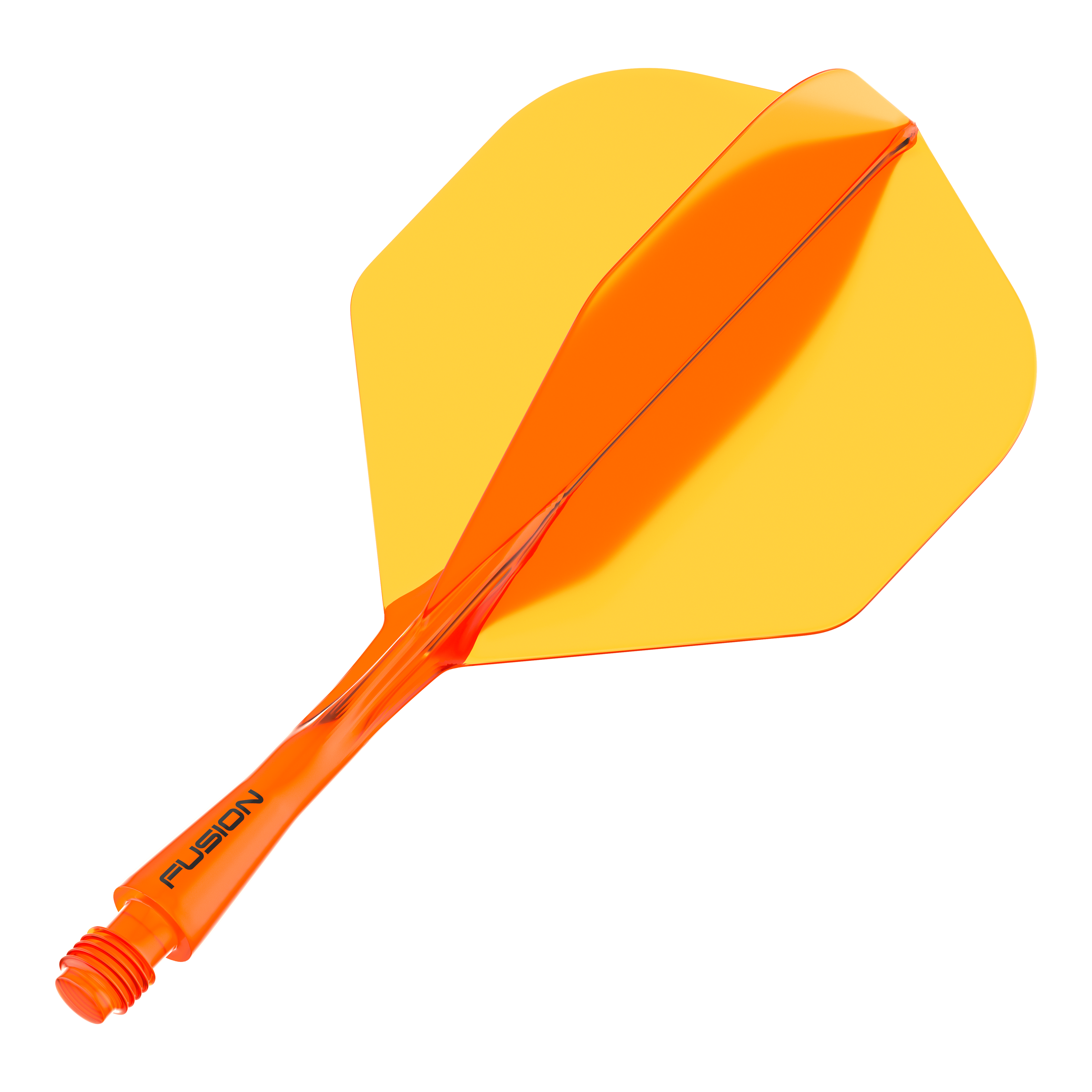 Sistema di alberi di volo Winmau Fusion Standard Arancione Das Bild zeigt eine orangefarbene Dart-Flight-Schaft-Kombination. Der Schaft ist transparent und die Flight-Flügel sind in leuchtendem Orange gehalten.