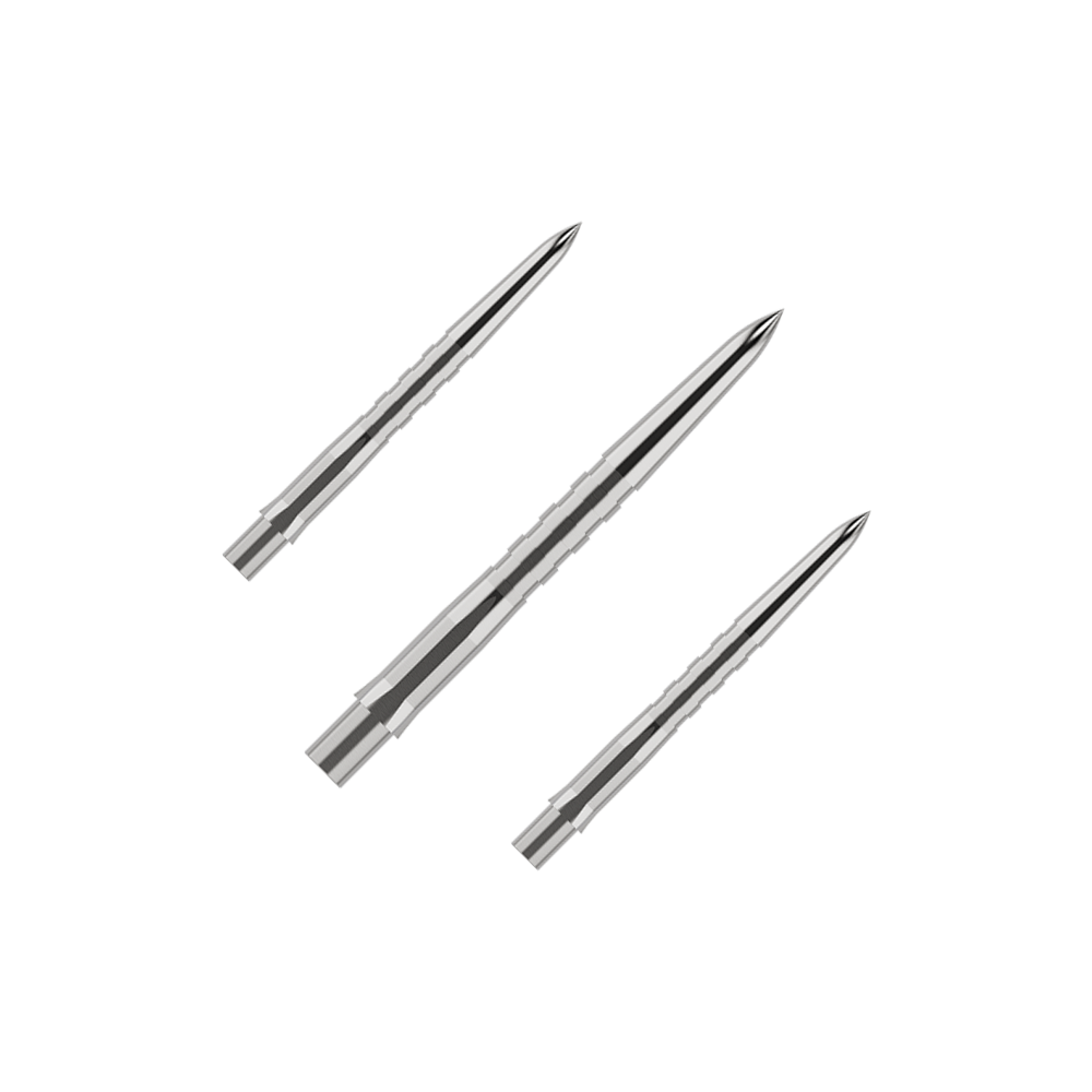 Punte per freccette Mission Caliburn EVO - Scanalate - Argento Das Bild zeigt drei silberne, gerillte Spitzen für Steeldarts. Sie liegen nebeneinander auf einem grünen Hintergrund.