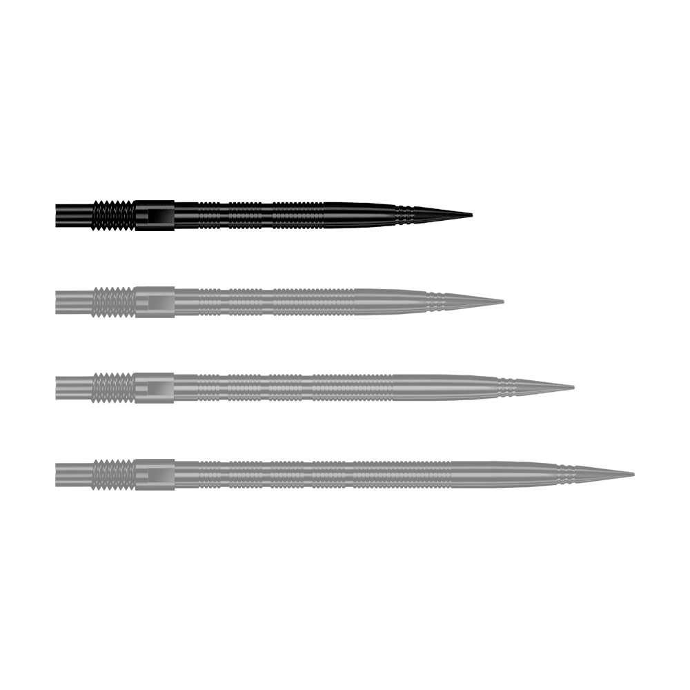 Punte per freccette Harrows Quick Point Micro Ridge - Nere Zu sehen ist eine einzelne schwarze Dartspitze mit Rillenmuster. Dieses Produkt ist als Ersatzspitze für Dartpfeile gedacht.