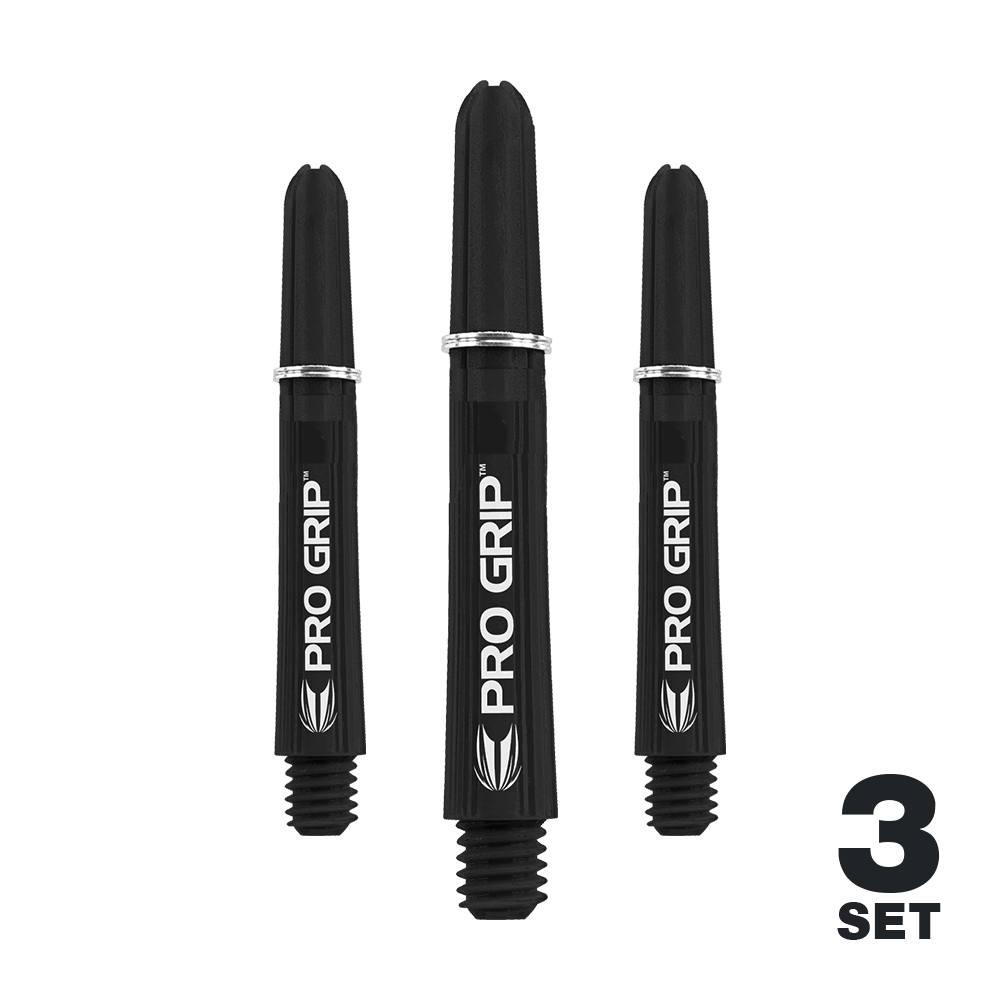 Target Pro Grip Shafts - 3 set - Nero Das Bild zeigt drei schwarze Dart-Schäfte mit der Aufschrift "PRO GRIP". In der rechten unteren Ecke steht "3 SET".