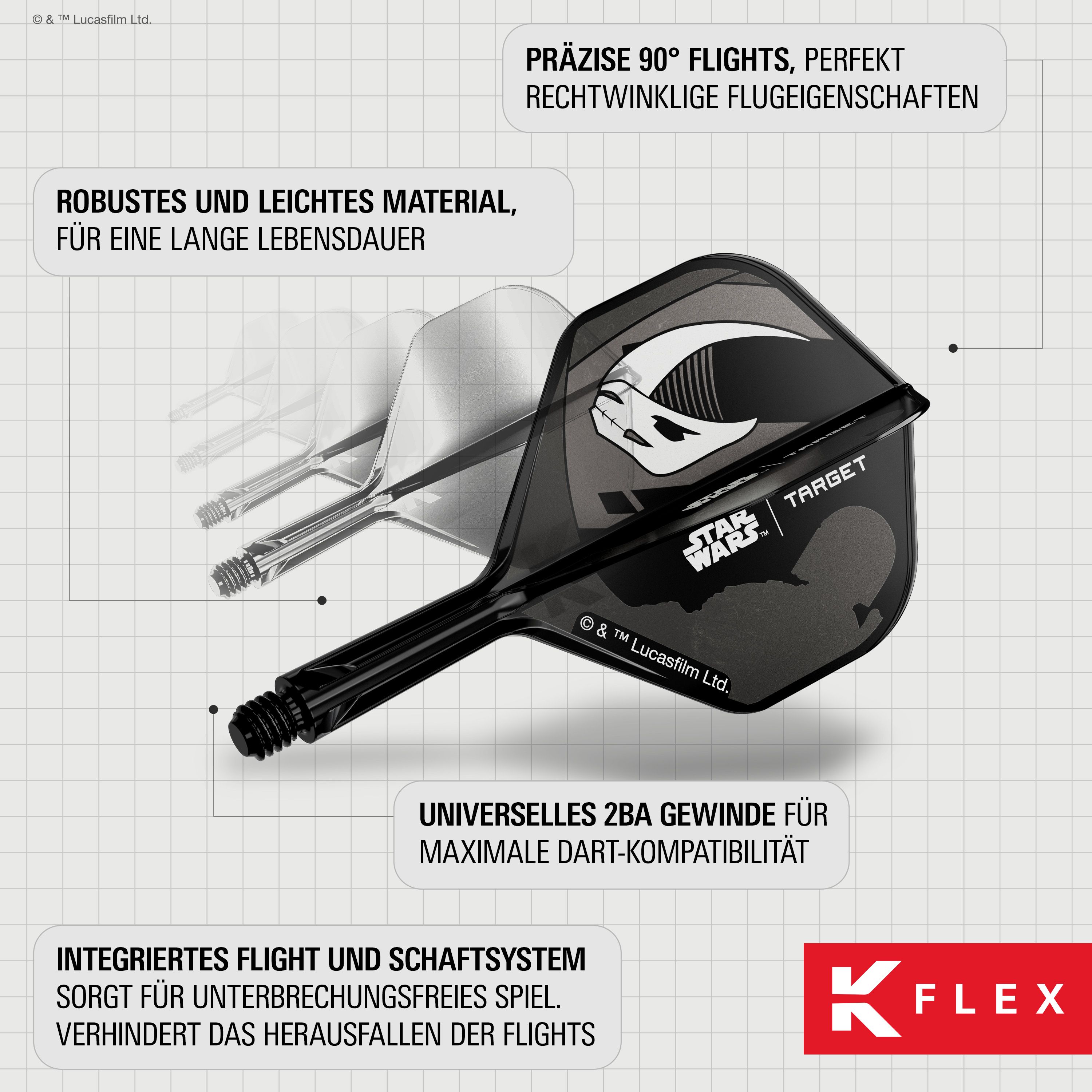 Set Target Star Wars K-Flex Mandalorian No6 Flights Abgebildet ist das Target Star Wars K-Flex-Set Mandalorian No2 Standard Flights. Die Flights sind im Mandalorian-Stil gestaltet und eignen sich für Star Wars Fans.