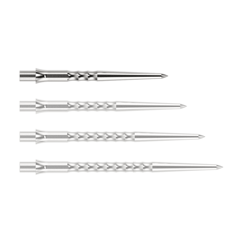 Punte per freccette in acciaio Caliburn System - Ripple - NoLip - argento Abgebildet ist eine silberne Steeldartspitze des Typs Ripple NoLip mit 28mm Länge. Die Spitze liegt frontal auf einer hellen Fläche.