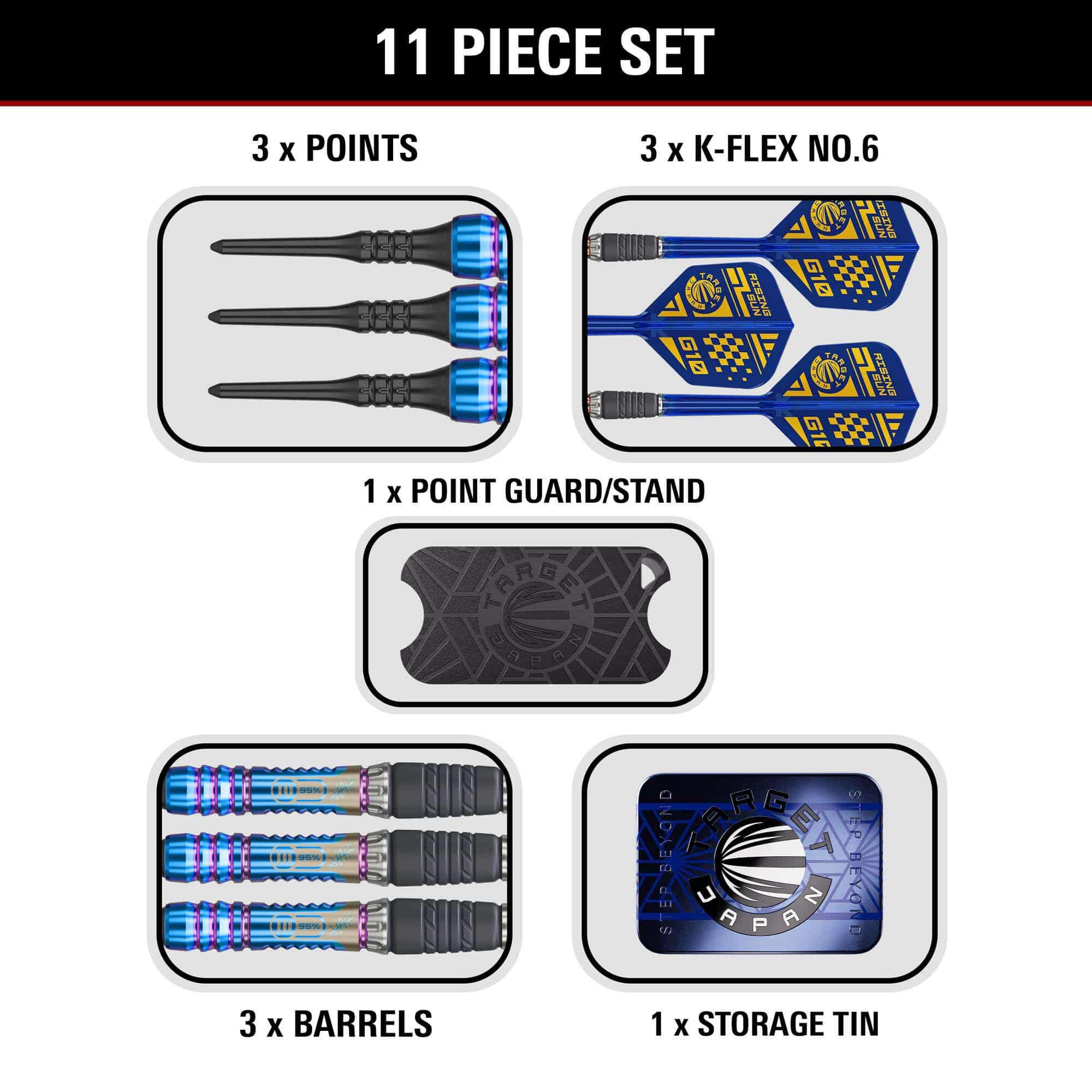 Target Japan Rising Sun GEN10 freccette morbide - 21,5 g Das Produkt Target Japan Rising Sun GEN10 Softdarts - 21,5g wird dargestellt. Es handelt sich um ein Set professioneller Softdarts.