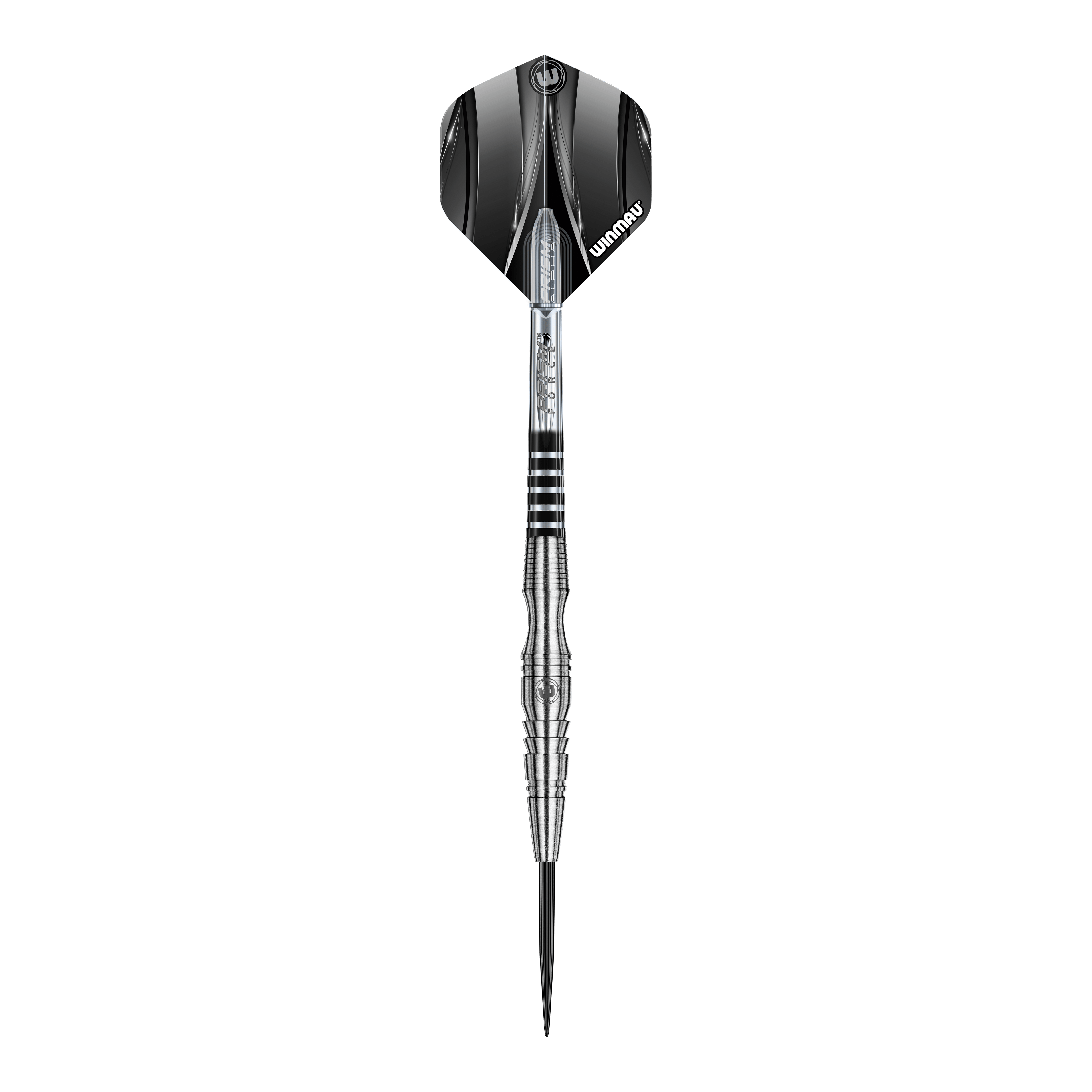 Winmau Sniper V3 Steeldarts Das Bild zeigt einen Winmau Sniper V3 Steeldart. Der Dart hat ein silbernes, geriffeltes Barrel und schwarze Flights mit Winmau-Logo.