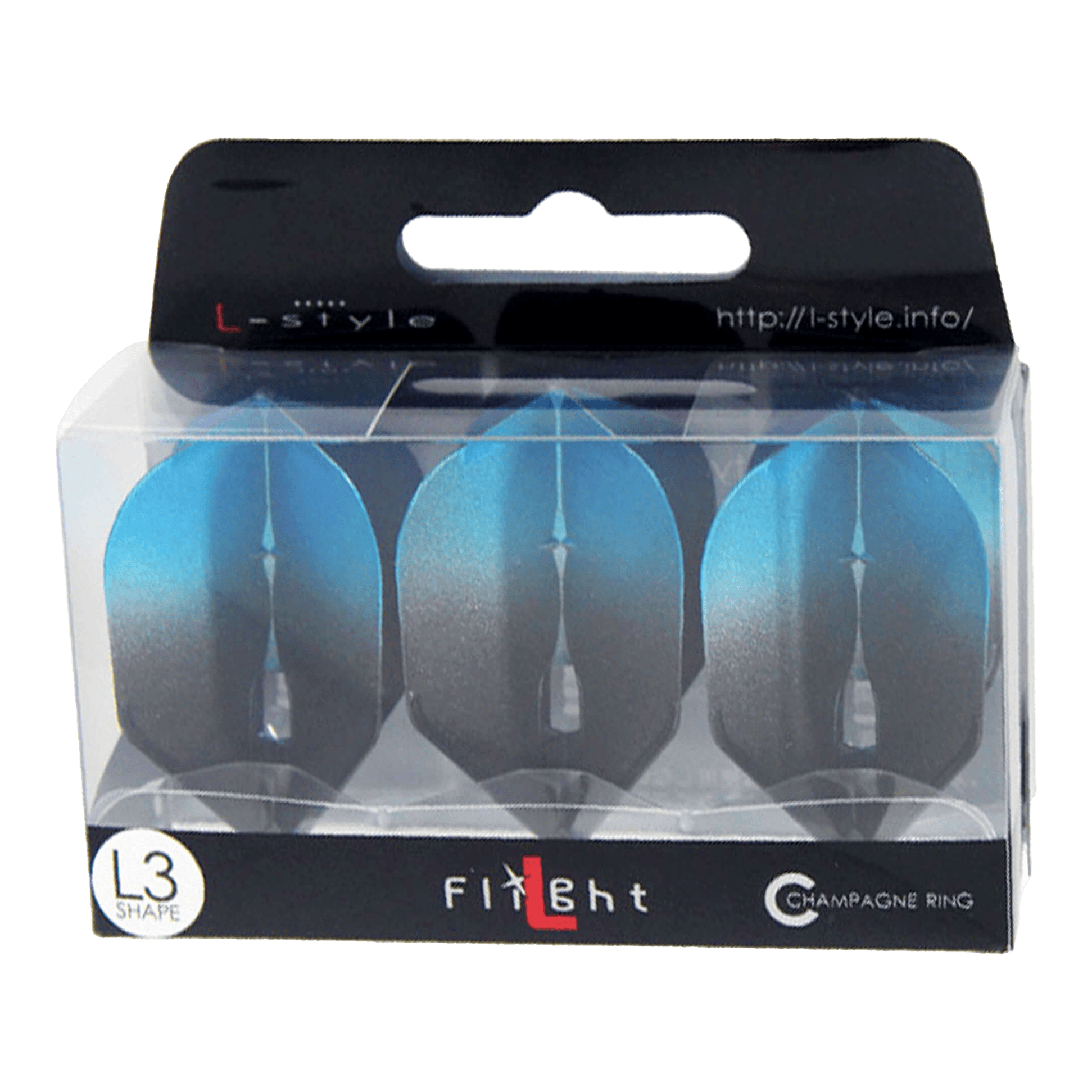 Alette L-Style Two Tone L3PRO Die Verpackung zeigt drei blaue Dartflights der Marke L-style. Auf der Schachtel steht "L3 Shape" und "Champagne Ring".