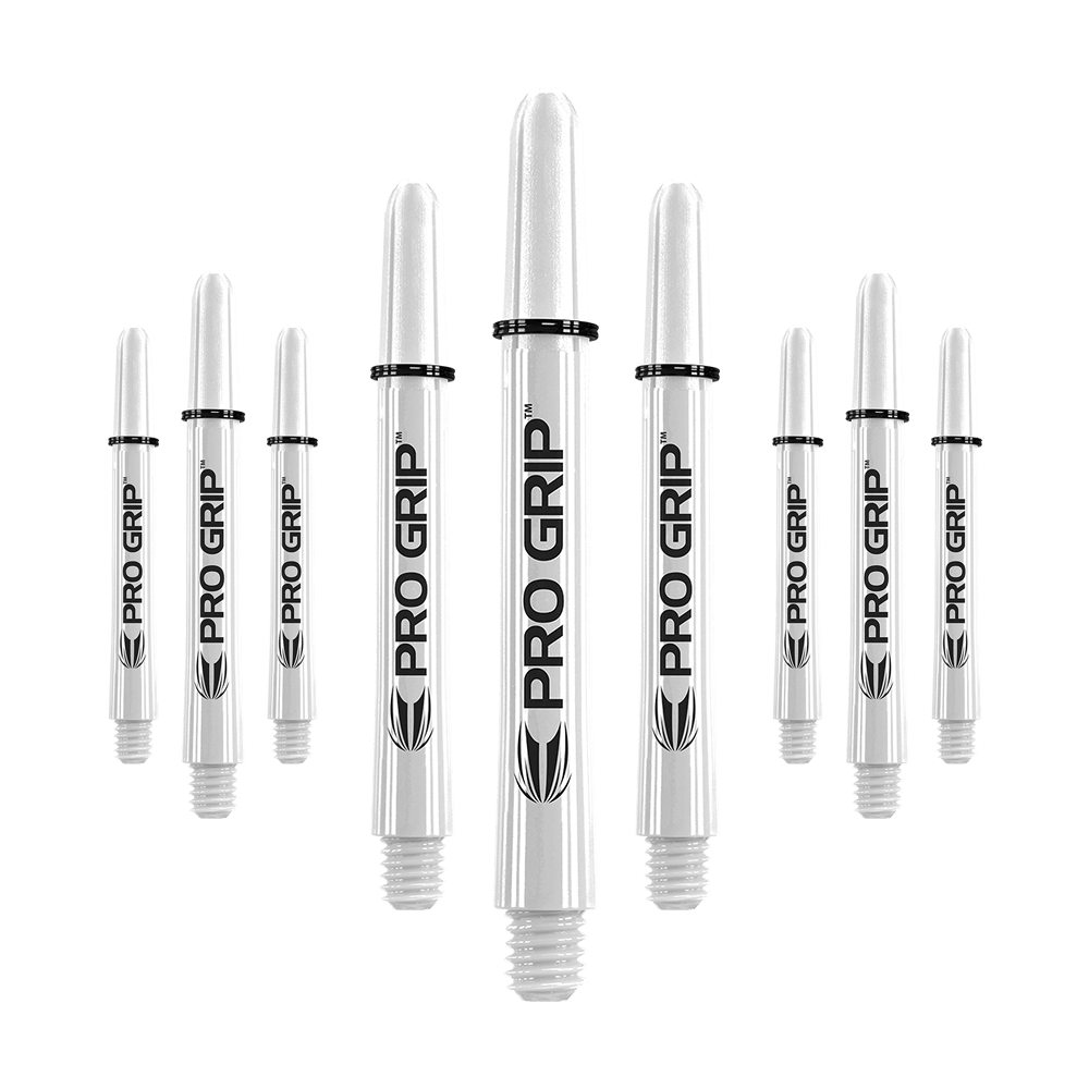 Target Pro Grip Shafts - 3 set - Bianco Das Bild zeigt mehrere weiße Dartschäfte mit der Aufschrift "PRO GRIP". Sie sind in drei Reihen angeordnet und haben schwarze Ringe an der Oberseite.