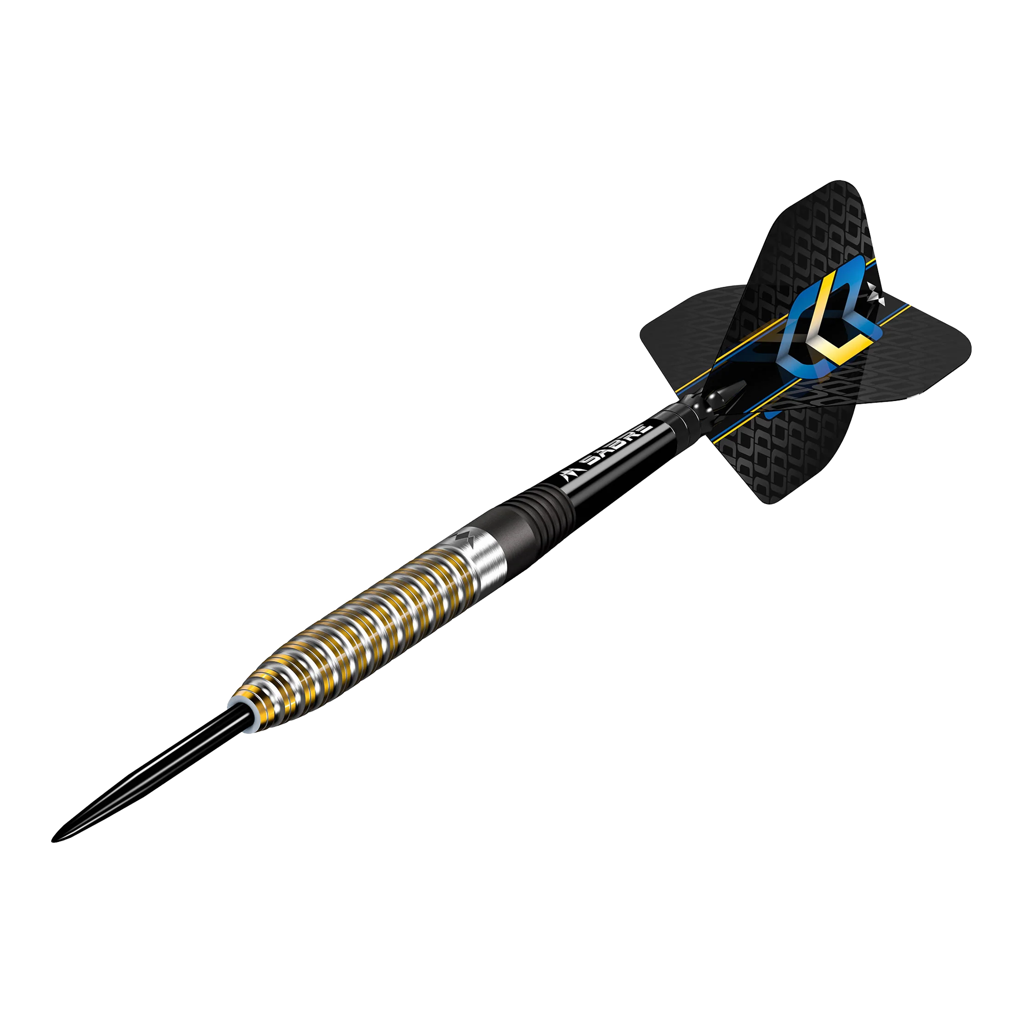 Freccette in acciaio Mission Oskar Lukasiak PVD oro nero - 22 g Das Bild zeigt einen Steeldart, der "Mission Oskar Lukasiak Black Gold PVD Steeldarts - 22g" heißt. Der Dart hat ein schwarz-goldenes Design mit modernen Rillen und einem schwarzen Flight.