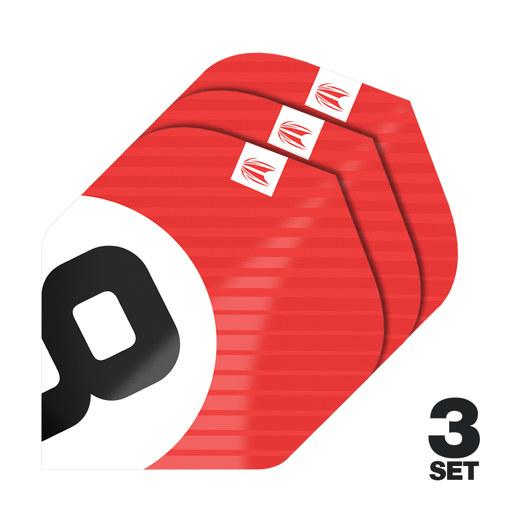 Alette Target Pro Ultra Chicane Red No2 Standard - 3 set Das Bild zeigt drei Sätze der Target Pro Ultra Chicane Red No2 Standard Flights. Die Flights sind überwiegend rot mit einem weißen und schwarzen Design und werden als 3er-Set angeboten.