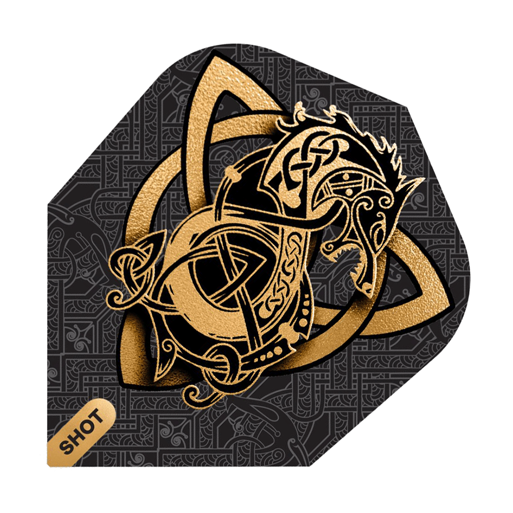 Shoto del lupo vichingo n. 6 Das Bild zeigt das Produkt "Shot Viking Wolf No6 Flights" mit einem goldenen Wikinger-Wolf Design auf schwarzem Hintergrund. Im Hintergrund sind feine, keltische Muster zu sehen und unten links steht das Wort "SHOT".