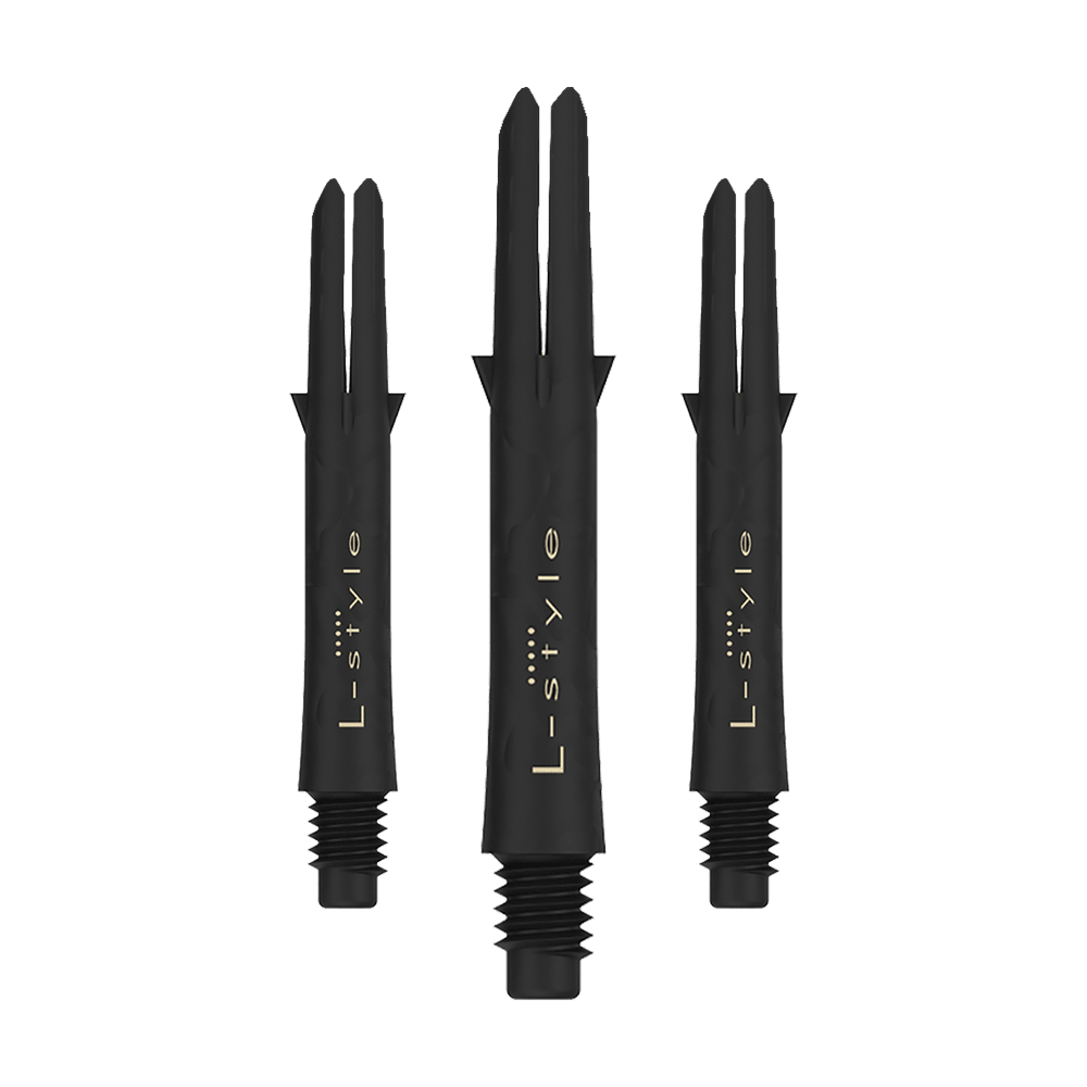 Alberi in carbonio stile L Das Bild zeigt drei schwarze L-Style Carbon Shafts für Darts ohne Kappen. Auf den Schäften steht in goldener Schrift das Wort "L-style".