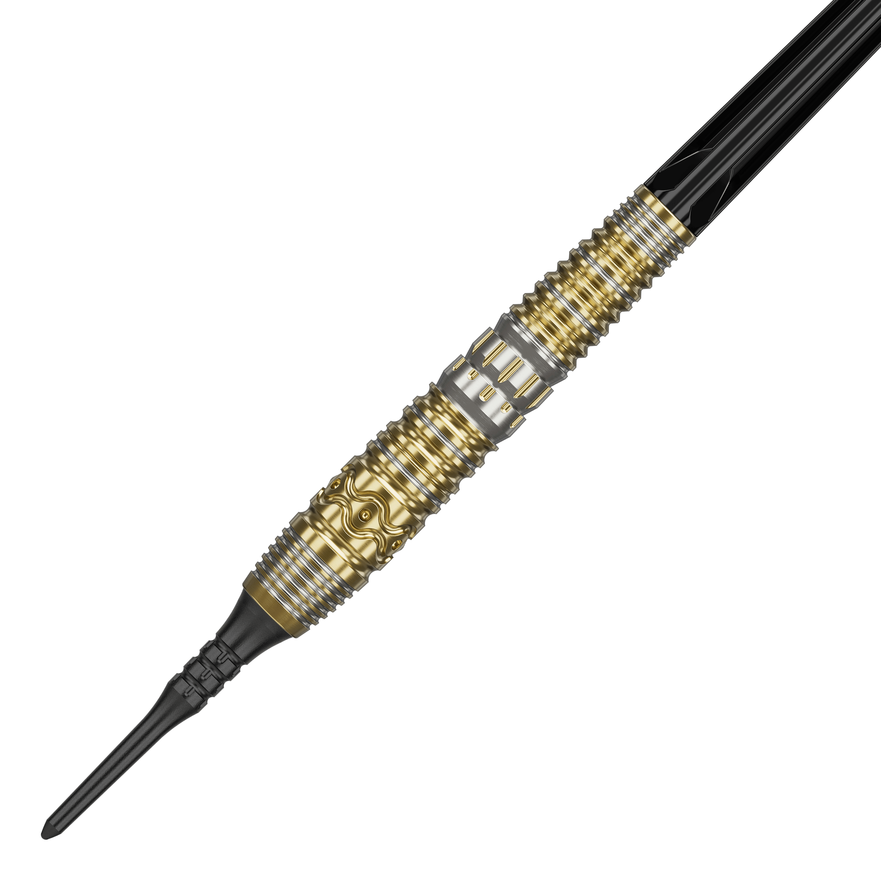 Target Japan Hot Shot GEN2 Freccette morbide - 19 g Das Bild zeigt einen Softdart mit dem Namen "Target Japan Hot Shot GEN2 Softdarts - 19g". Der Dart hat ein auffälliges Design in Gold und Silber mit detaillierten Gravuren am Griff.
