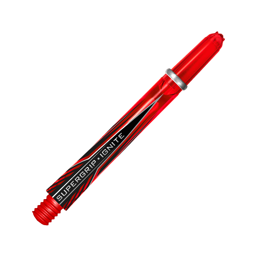 HR385_Harrows_Supergrip_Ignite_Shafts_Rot_47mm_2 Das Bild zeigt einen roten Harrows Supergrip Ignite Shaft. Auf dem Schaft steht der Schriftzug "SUPERGRIP IGNITE".