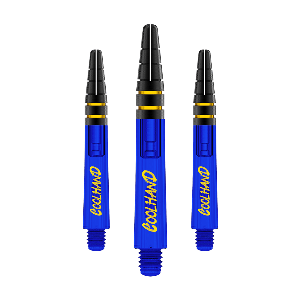Alberi Red Dragon Nitrotech Luke Humphries Coolhand - Blu Das Bild zeigt drei blaue Dartschäfte mit der gelben Aufschrift "COOLHAND". Die Schäfte haben schwarze und goldene Akzente am oberen Ende.
