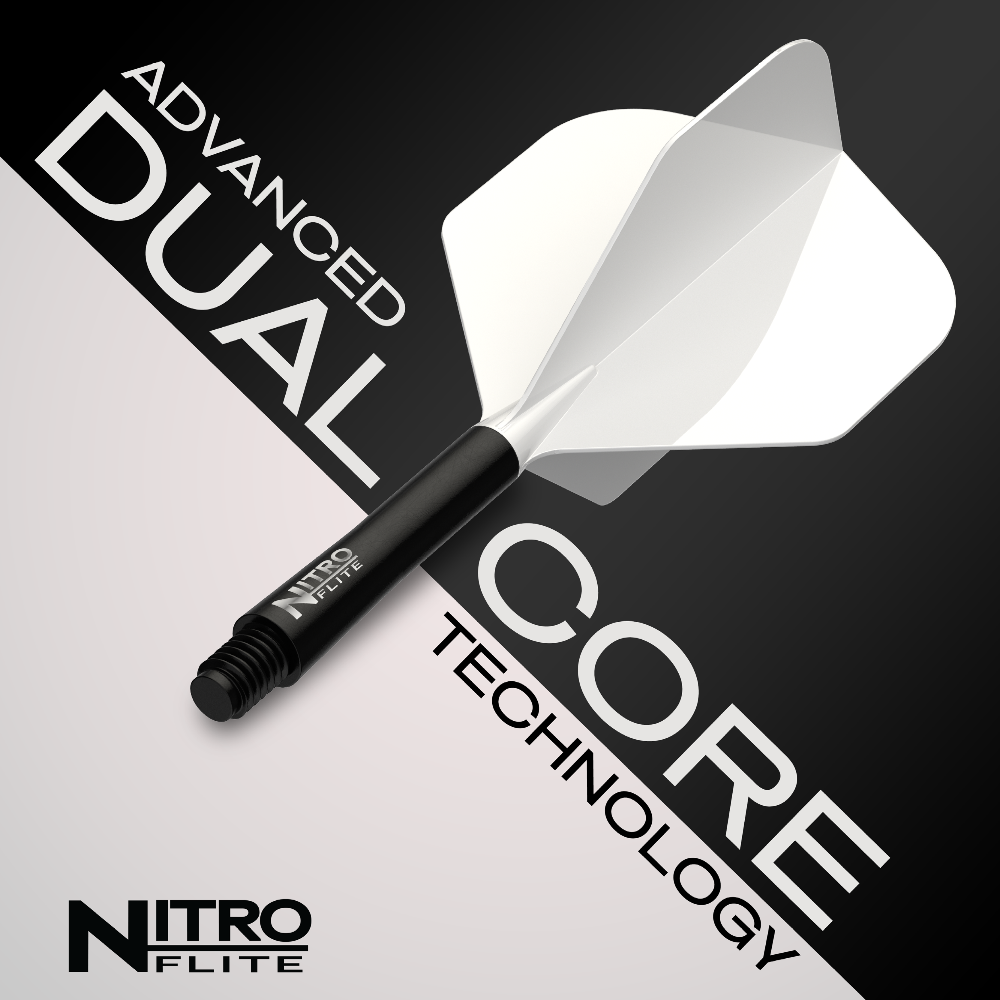 Red Dragon Nitroflite Black Shaft White Flights No2 Das Foto zeigt Red Dragon Nitroflite Black Shaft White Flights No2. Es ist ein Dart-Schaft in Schwarz und weiße Flights abgebildet.