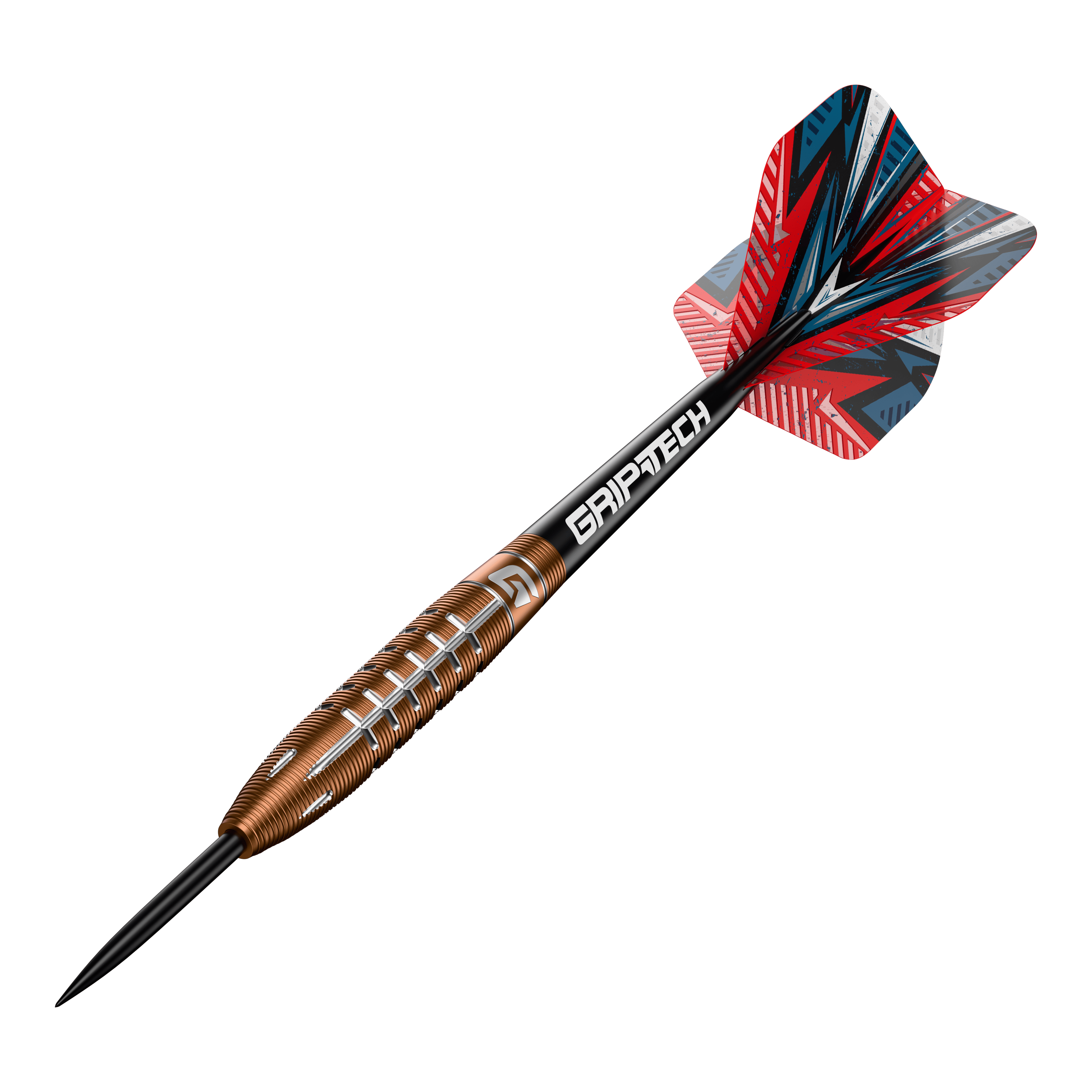 Freccette in acciaio al tungsteno GOAT Quarterback V2 - 24 g Das Bild zeigt einen Steeldart namens "GOAT Quarterback V2 Tungsten" mit einem Gewicht von 24 Gramm. Der Dart hat ein auffälliges Design mit roten, schwarzen und silbernen Akzenten sowie dem Schriftzug "GRIPTECH" auf dem Schaft.