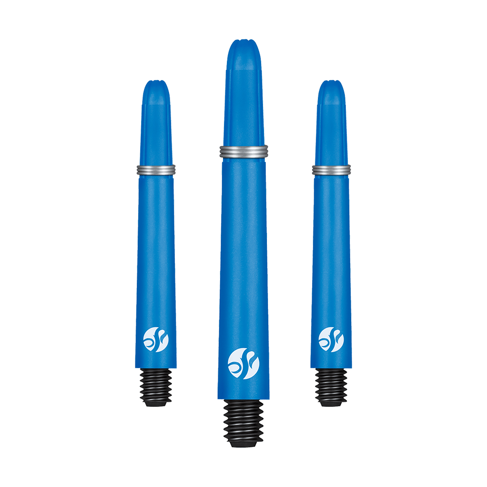Das Bild zeigt drei blaue Dartschäfte in verschiedenen Längen. Jeder Schaft hat ein schwarzes Gewinde und einen weißen Aufdruck.
