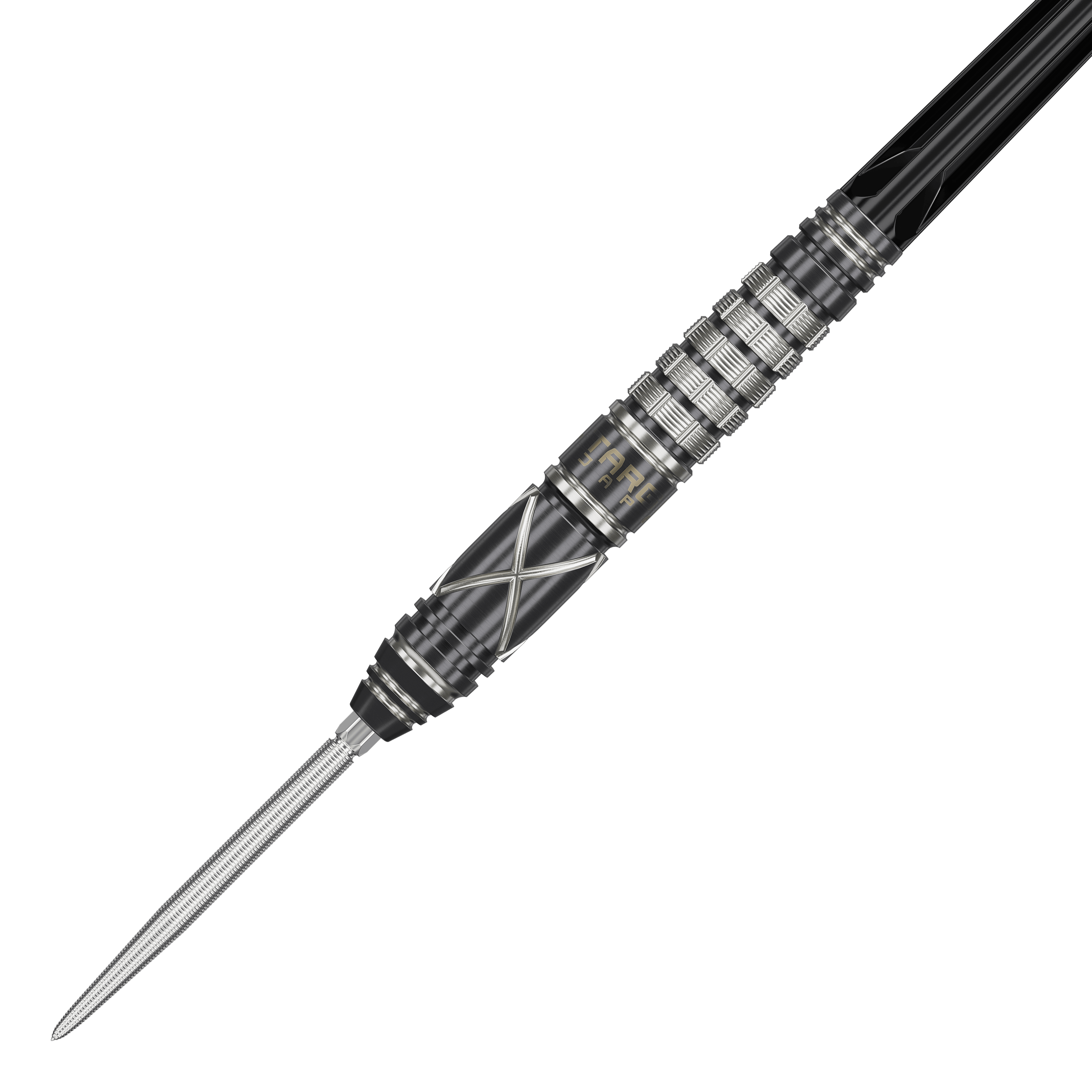 Freccette in acciaio Target Japan Black Marque Chaos 2 SP Das Bild zeigt den Target Japan Black Marque Chaos 2 SP Steeldart. Der Dart hat ein elegantes, schwarzes Design mit silbernen Akzenten und feinen Rillen für besseren Halt.