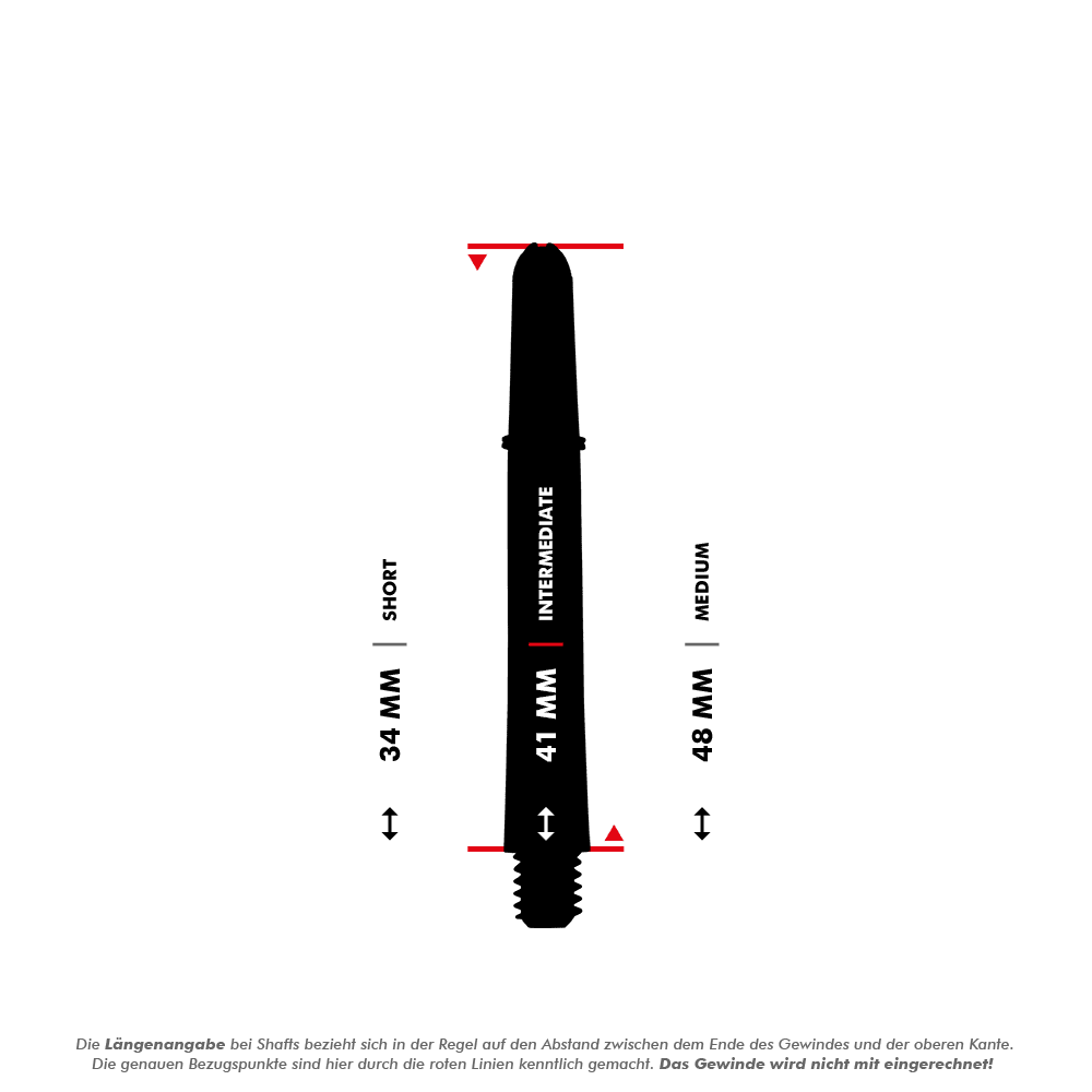 Aste Target Pro Grip TAG - 3 set - Rosso Das Bild zeigt drei verschiedene Längen von Target Pro Grip Shafts: Short (34 mm), Intermediate (41 mm) und Medium (48 mm). Die roten Linien markieren die Messpunkte der Längenangabe, das Gewinde wird nicht mitgerechnet.