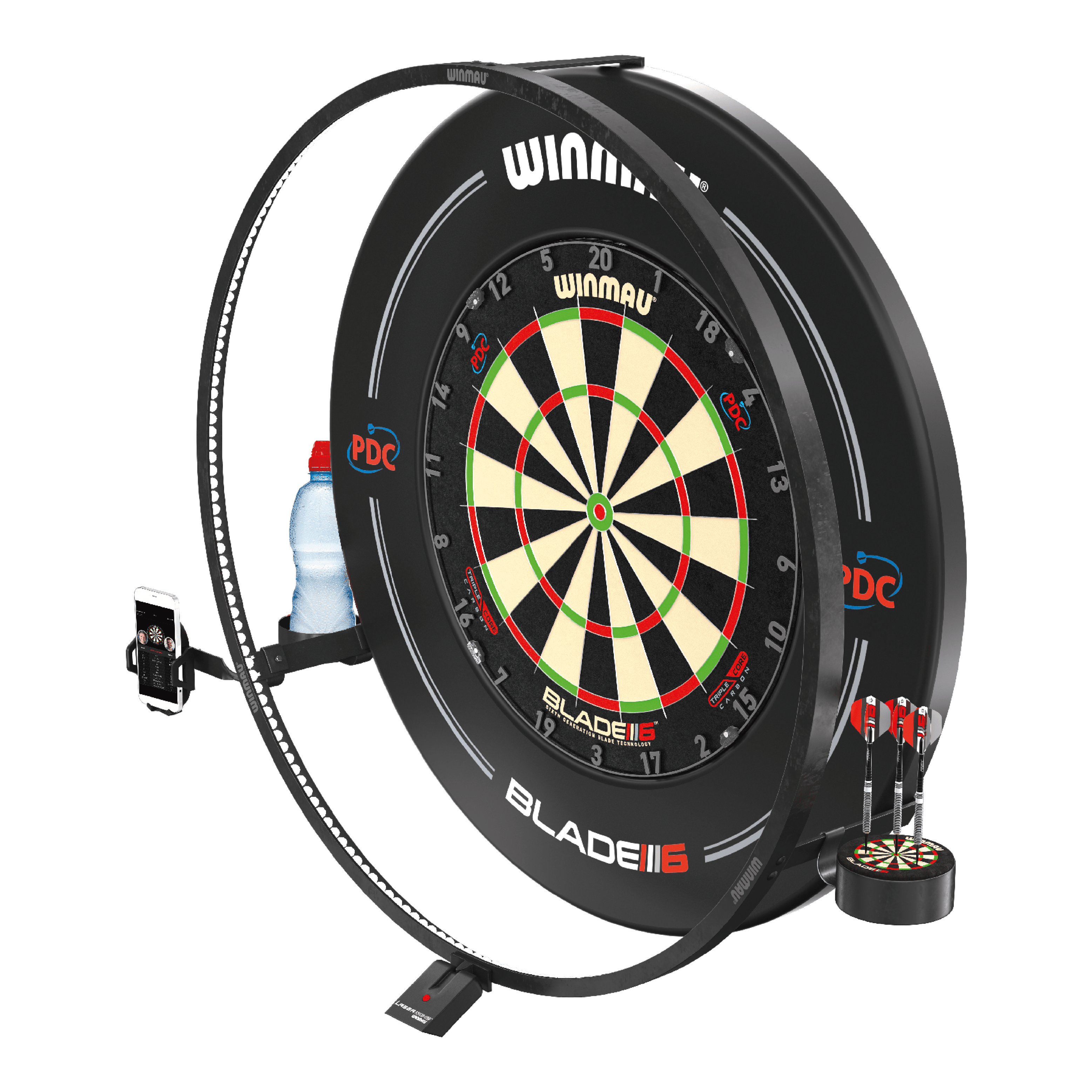Set di accessori al plasma Winmau Das Bild zeigt das Winmau Plasma Zubehör Set rund um eine Dartscheibe. Es enthält eine LED-Beleuchtung, Halterungen für ein Handy, eine Trinkflasche und Dartpfeile.