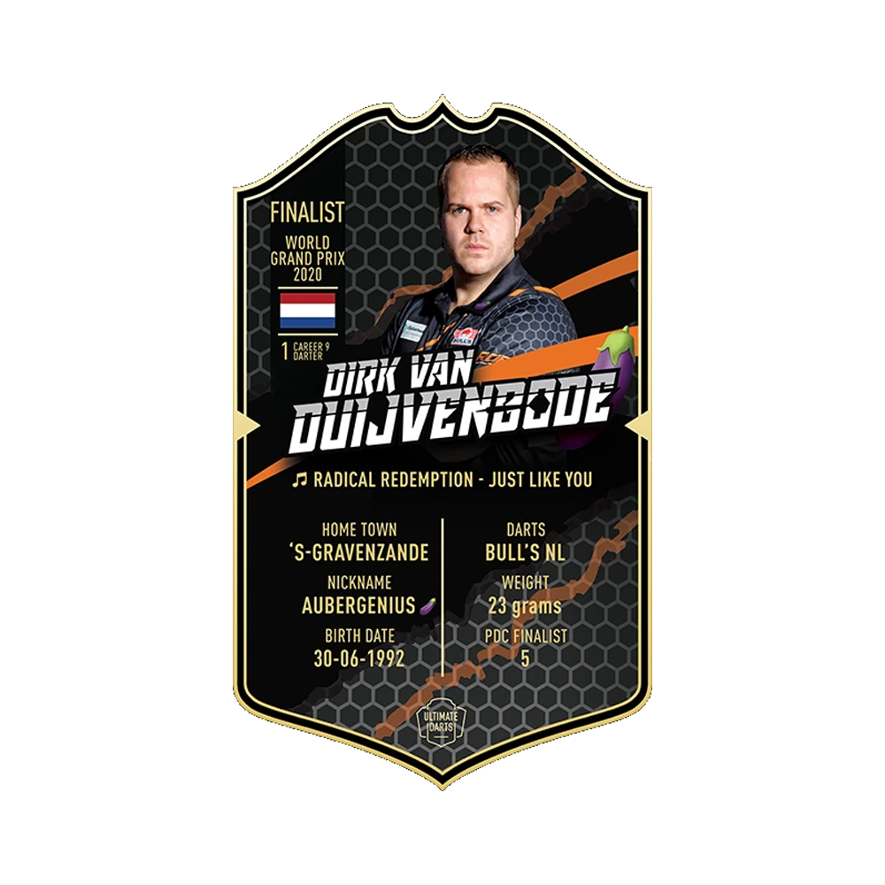 UDC-23_Ultimate_Darts_Card_Standard_Dirk_Van_Duijvenbode_1 Auf der Abbildung ist die Ultimate Darts Card von Dirk Van Duijvenbode zu sehen. Die Karte zeigt ein Porträt des Spielers sowie wichtige Informationen wie seinen Spitznamen, seine Herkunft und seine Erfolge.