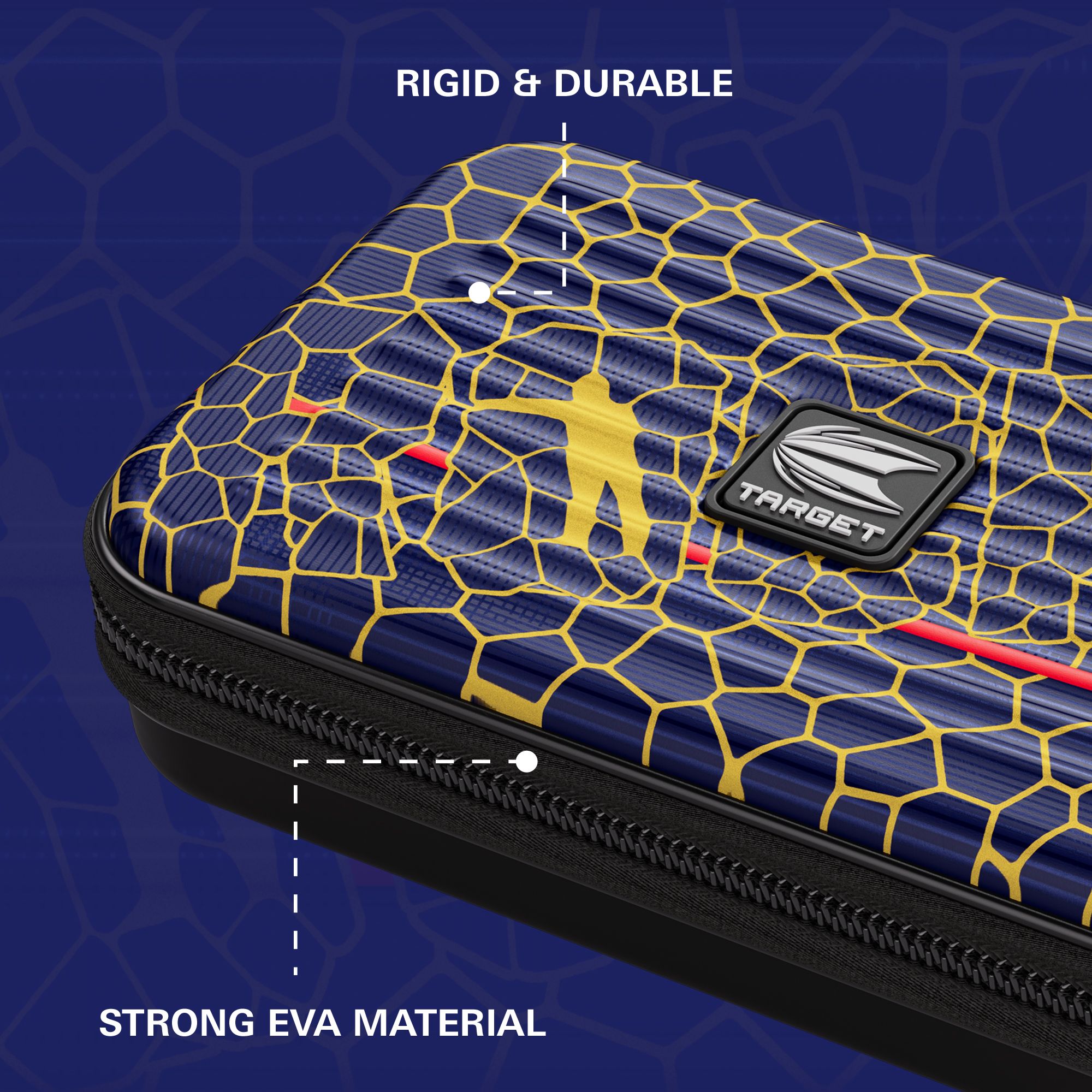 Custodia per freccette Target Takoma Josh Rock XL Das Bild zeigt das Target Takoma Josh Rock XL Dartcase mit einem blauen und gelben Wabendesign. Es wird auf die robuste und langlebige Struktur sowie das starke EVA-Material hingewiesen.