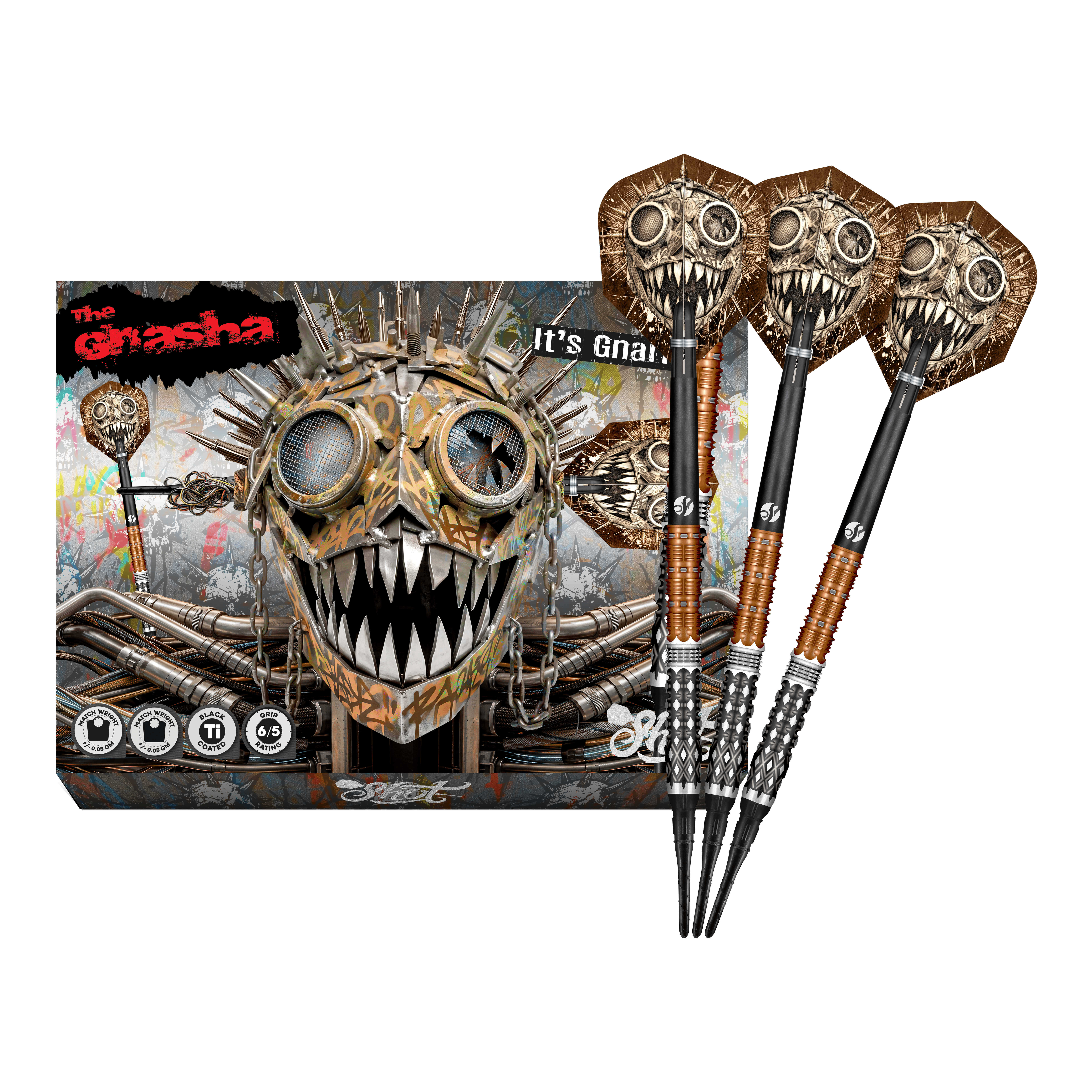 Freccette morbide Shot Gnarly Gnasha - 20 g Das Foto zeigt die vollständigen Shot Gnarly Gnasha Softdarts - 20g. Diese Softdarts zeichnen sich durch ein modernes Design aus.