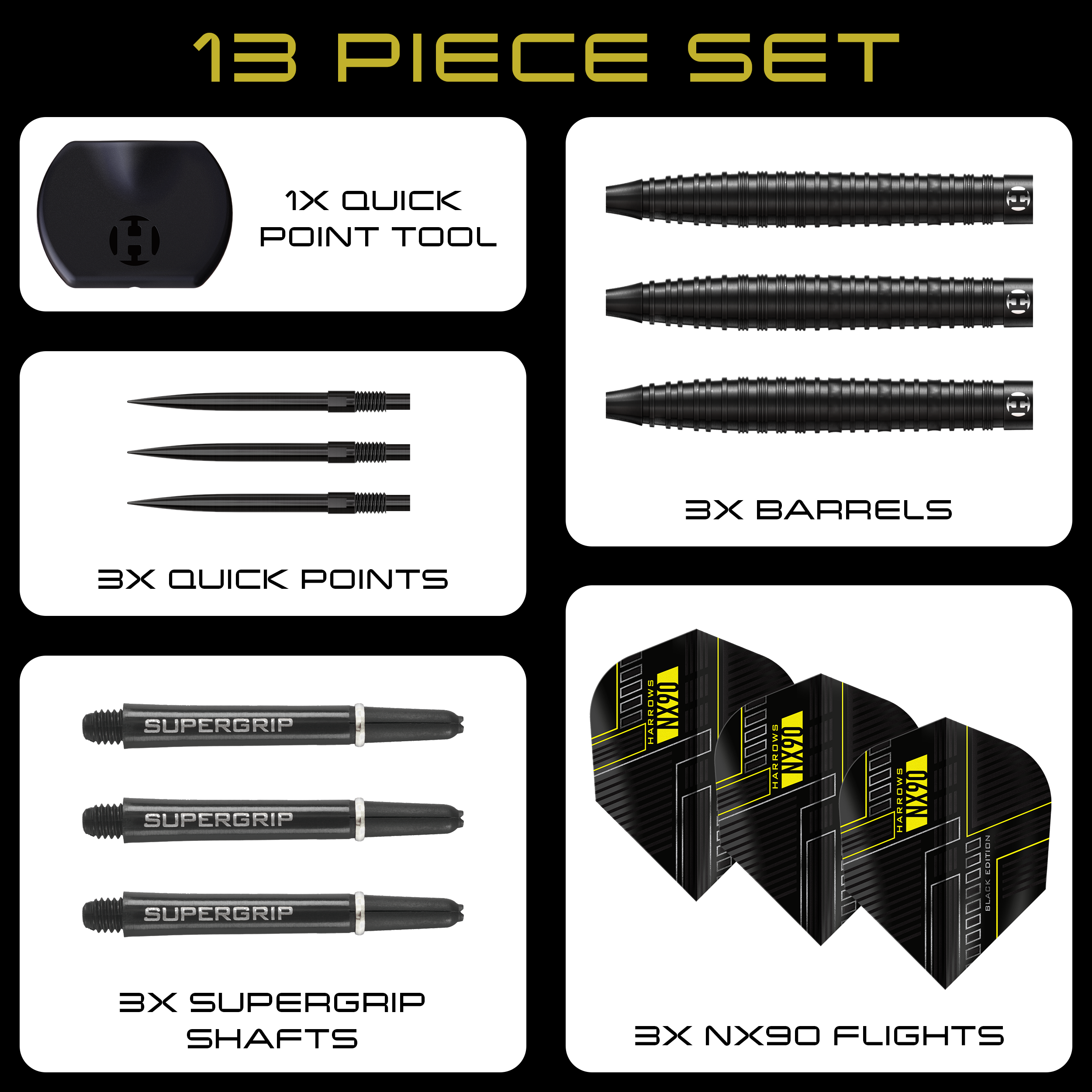 Freccette in acciaio coniche Harrows NX90 Black Edition Quick Point Hier zu sehen sind die Harrows NX90 Black Edition Tapered Quick Point Steeldarts. Die Darts sind schmal zulaufend und haben eine schwarze Oberfläche.