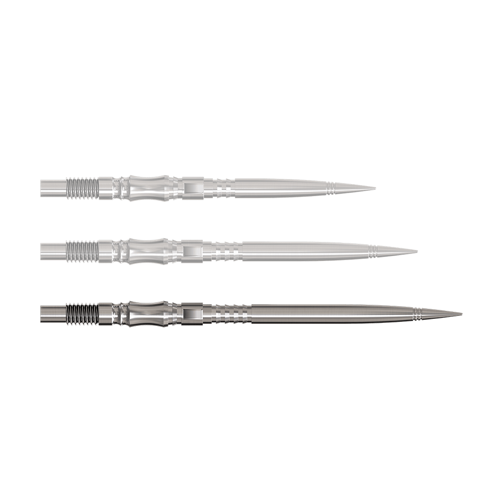 Harrows Quick Point Axis Elite Series Dartspitzen - Silber Axis Silver Elite Series Dartspitzen in 40mm sind zu sehen. Sie haben ein silberfarbenes Finish.
