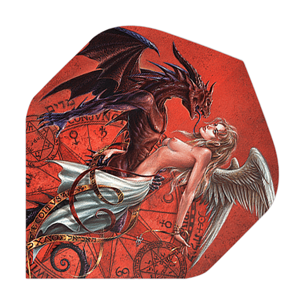 Alchemy Chemical Wedding No2 Voli Standard Das Bild zeigt eine kunstvolle Darstellung eines Drachens und eines Engels, die sich eng gegenüberstehen. Im Hintergrund sind mystische Symbole auf einem roten Untergrund zu sehen.