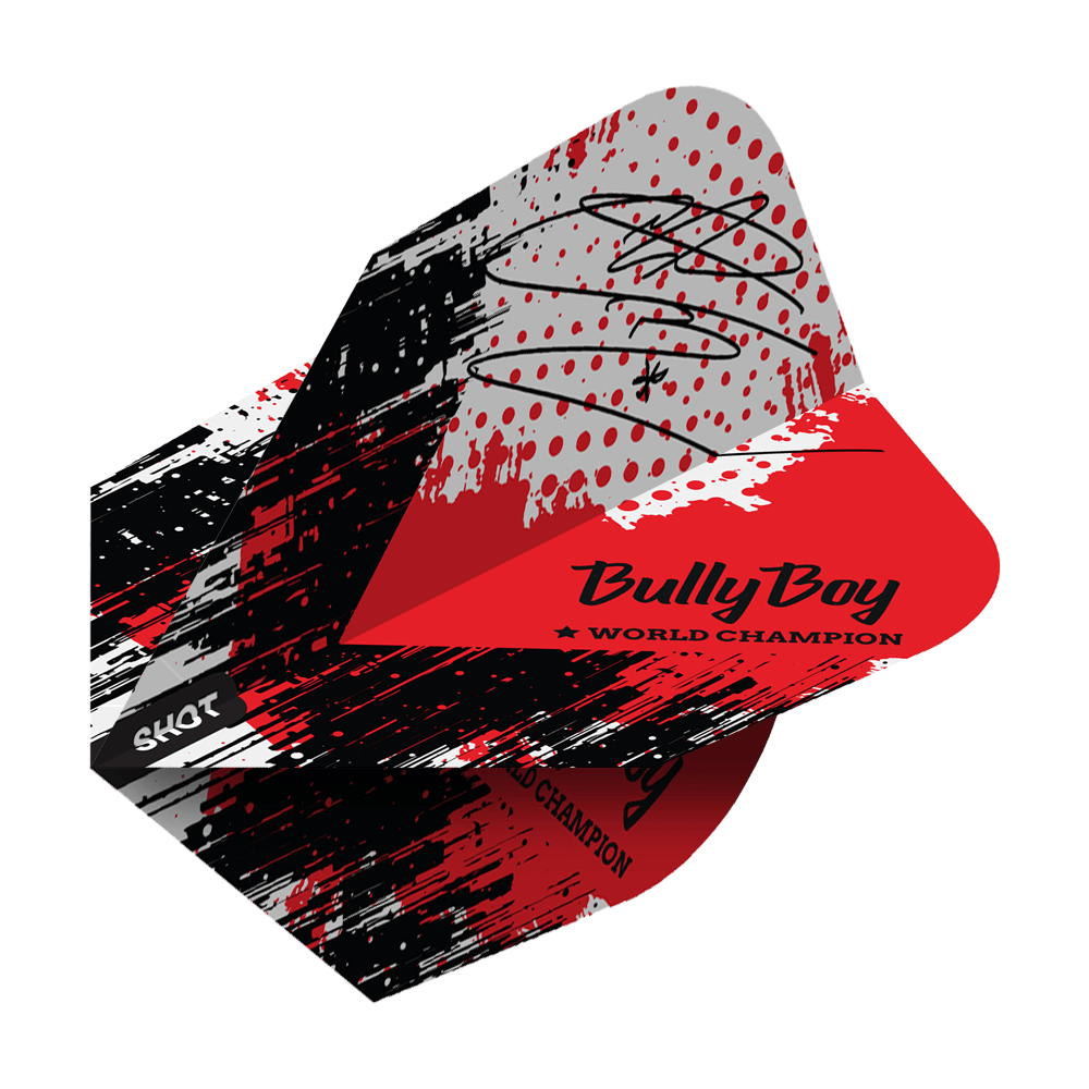 Shoto con l'arco Michael Smith Bully Boy Game Day No6 Flights Das Bild zeigt die "Shot Michael Smith Bully Boy Game Day No6 Flights" mit einem rot-schwarzen Design und Unterschrift. Auf dem Flight steht "Bully Boy World Champion" und das Shot-Logo ist sichtbar.