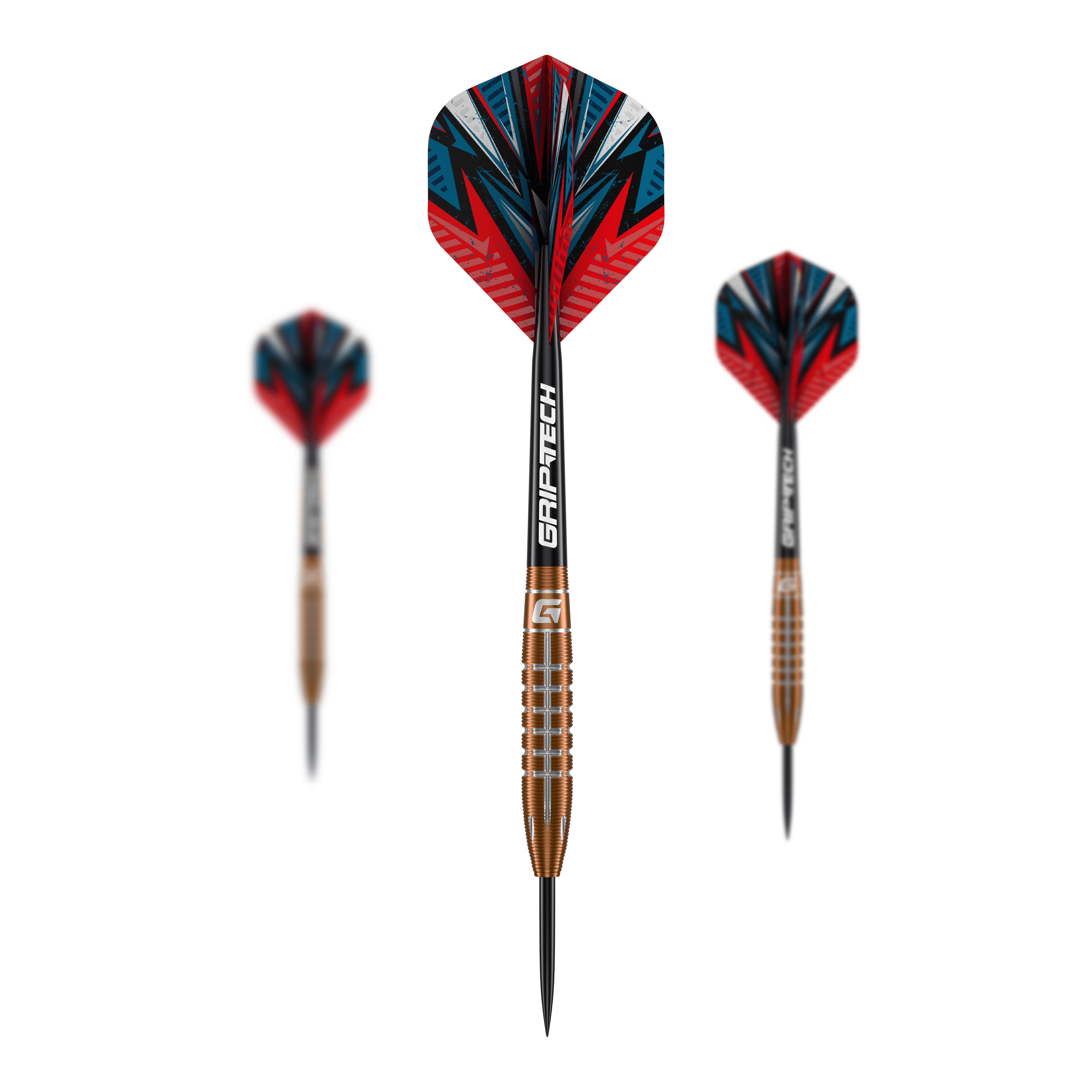 Freccette in acciaio al tungsteno GOAT Quarterback V2 - 24 g Das Bild zeigt drei GOAT Quarterback V2 Tungsten Steeldarts mit einem Gewicht von 24g. Die Darts haben ein auffälliges, rot-blaues Design und sind mit GRIP-TECH-Schäften ausgestattet.
