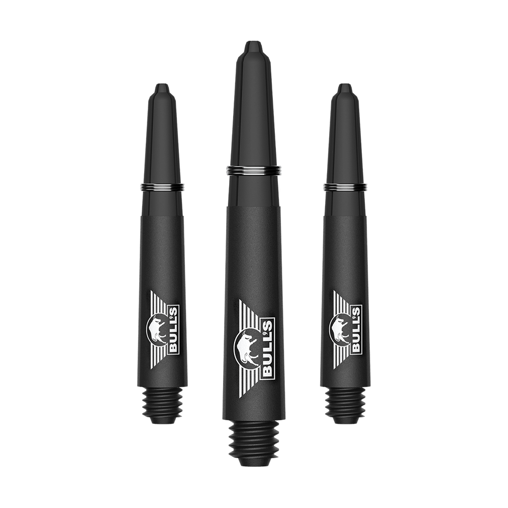 Ein Bild mit dem Dateinamen BU55340_BullsNL_Capo_Carbon_Shafts_Schwarz_Short_34mm_1Set. Es handelt sich vermutlich um ein Set aus kurzen schwarzen Carbon-Shafts für Darts.