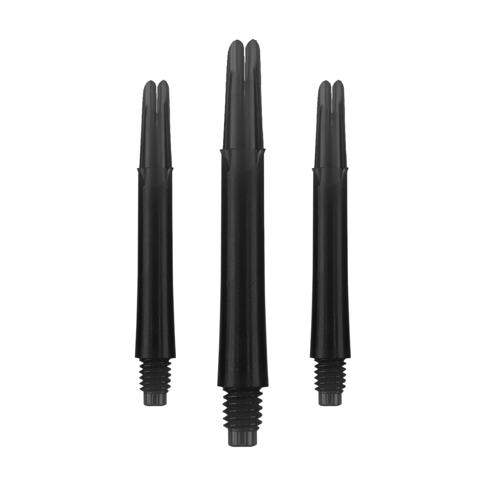 Alberi a L bloccati dritti - Nero Auf dem Bild sind drei schwarze, gerade Dartshafts ohne Kappen zu sehen. Sie haben ein Gewinde am unteren Ende und sind jeweils 39 mm lang.