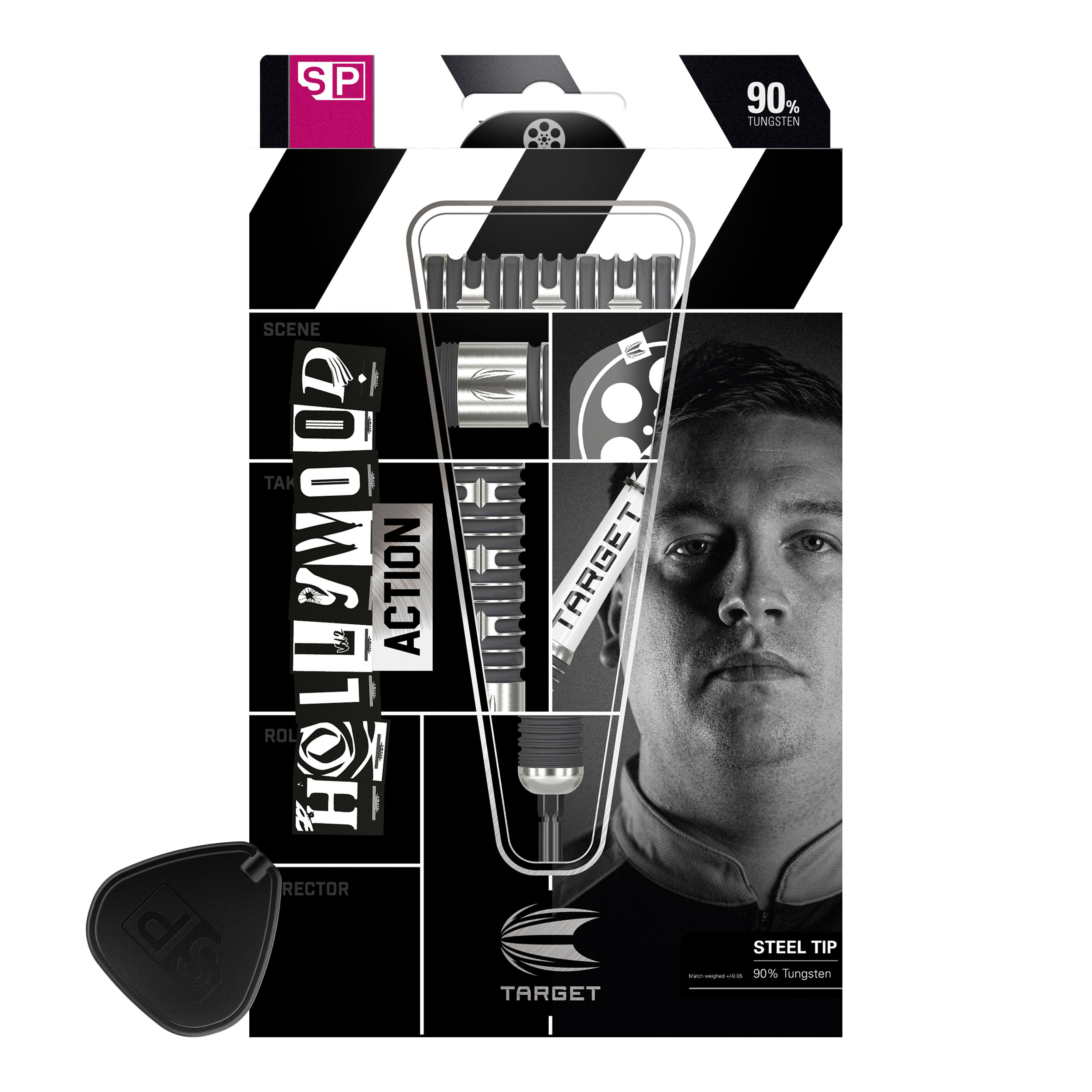 Freccette in acciaio Target Chris Dobey Hollywood Action Swiss Point Die Abbildung zeigt die Verpackung der "Target Chris Dobey Hollywood Action Swiss Point Steeldarts". Auf der Verpackung sind die Darts, der Produktname und ein Porträt einer Person zu sehen.
