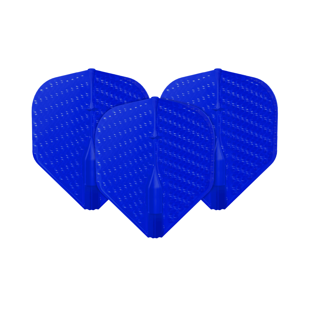 Voli L-Style Dimple Champagne L1EZ Standard Auf dem Bild sind drei blaue Dart-Flights zu sehen. Sie haben eine strukturierte Oberfläche mit kleinen Vertiefungen.