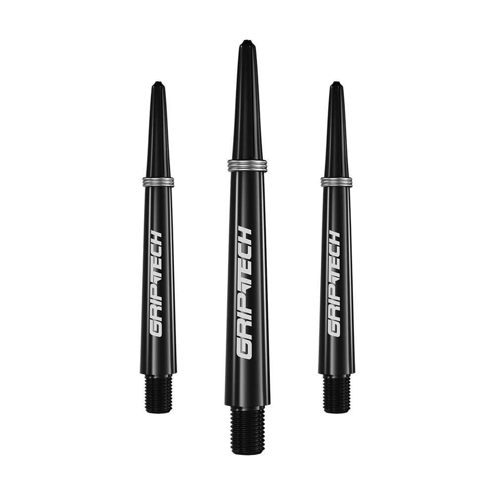 Alberi GOAT Griptech - Neri Das Bild zeigt drei schwarze Dart-Schäfte mit der Aufschrift "GRIPTECH" in weißer Farbe. Sie sind schlank geformt und haben silberne Ringe am oberen Ende.
