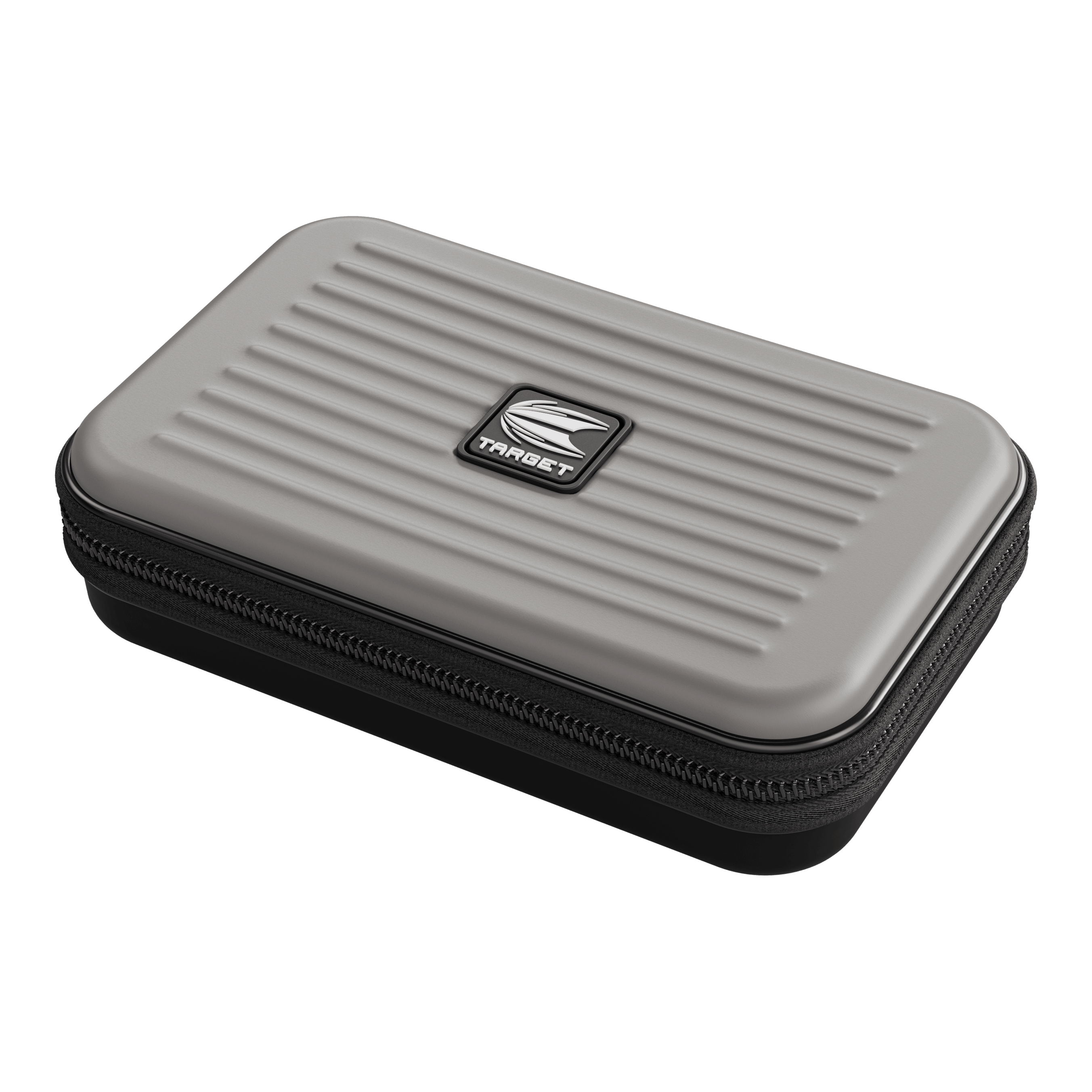 Portafoglio Target Takoma XL Dartwallet Das Bild zeigt ein graues Etui mit einem schwarzen Reißverschluss und dem "Target"-Logo auf der Oberseite. Das Etui hat eine stabile, gerillte Oberfläche und wirkt sehr robust.