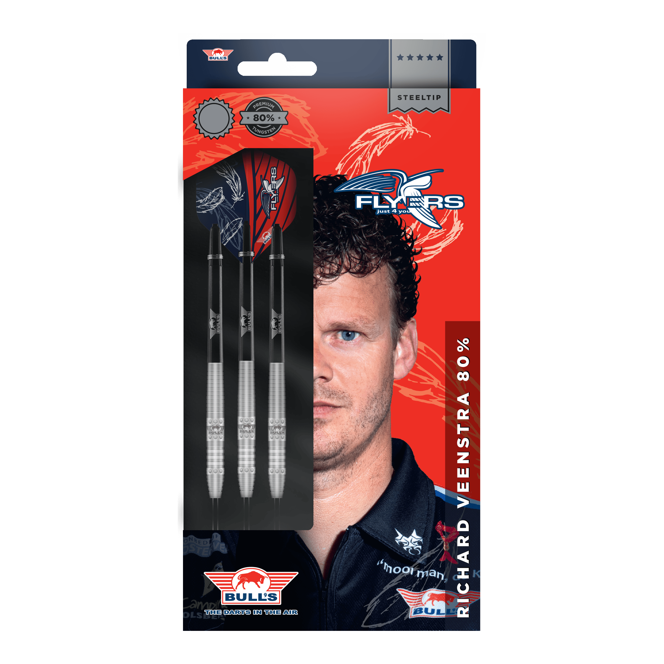 Bulls NL Richard Veenstra 80 freccette in acciaio - 23 g Die Verpackung zeigt die "Bulls NL Richard Veenstra 80 Steeldarts - 23g". Auf der Vorderseite sind drei Darts und das Porträt eines Mannes abgebildet.