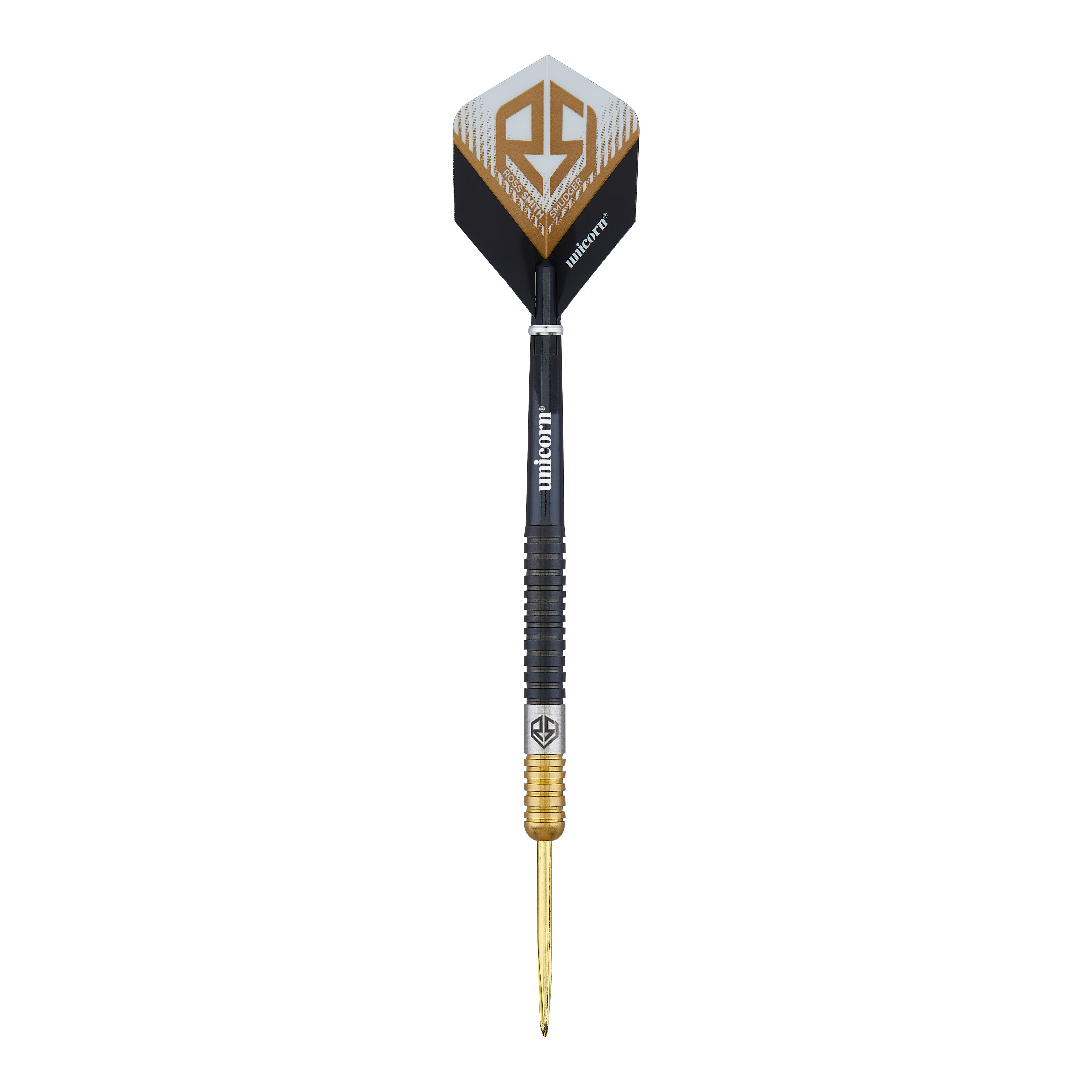Freccette in acciaio bicolore Unicorn Ross Smith Das Bild zeigt einen Steeldart namens "Unicorn Ross Smith Two-Tone". Der Dartpfeil hat ein schwarz-goldenes Design und das Unicorn-Logo auf den Flights.