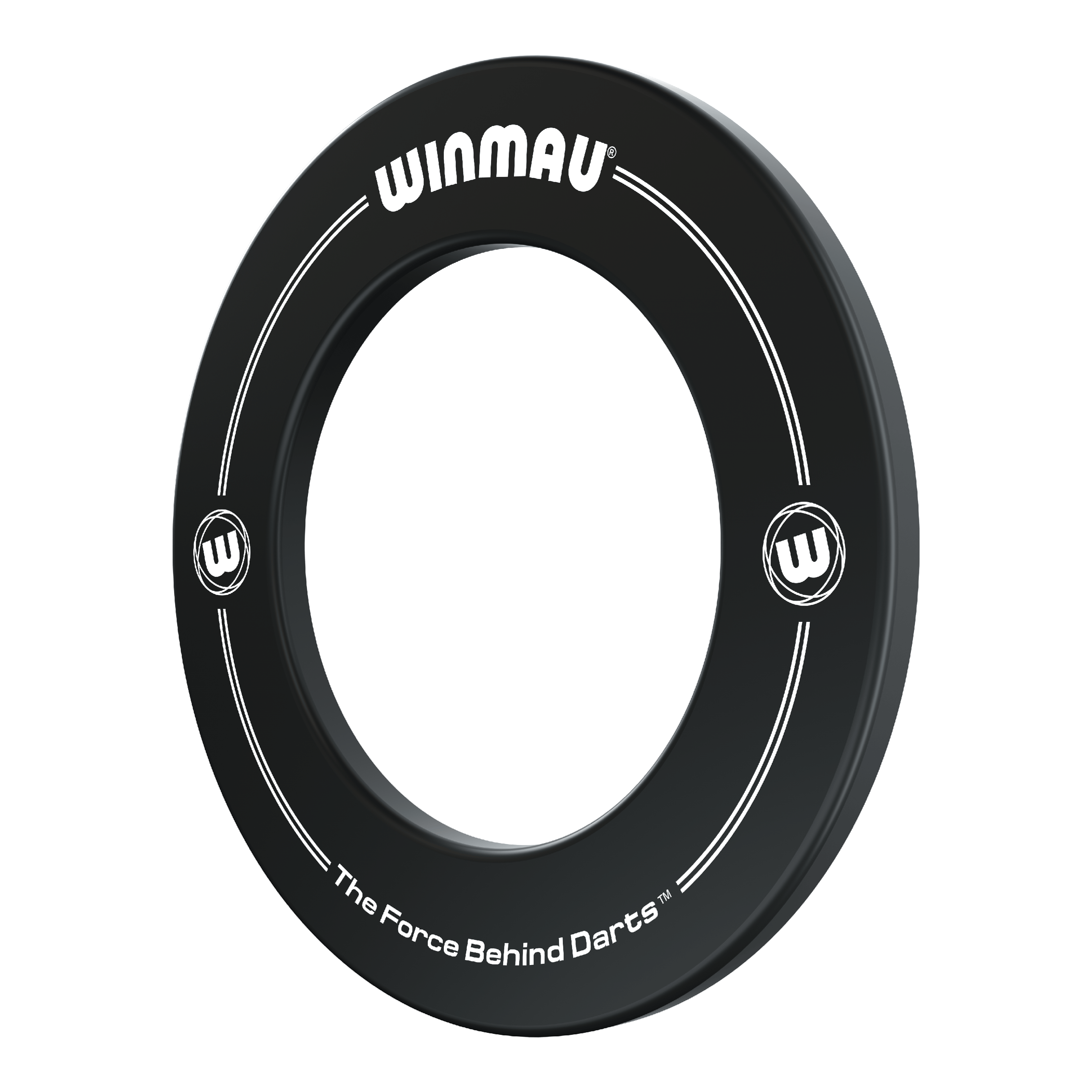 Winmau Dartboard Surround 2022 Dies ist ein schwarzer Dartboard-Surround der Marke Winmau. Auf dem Ring steht "The Force Behind Darts" sowie das Winmau-Logo.