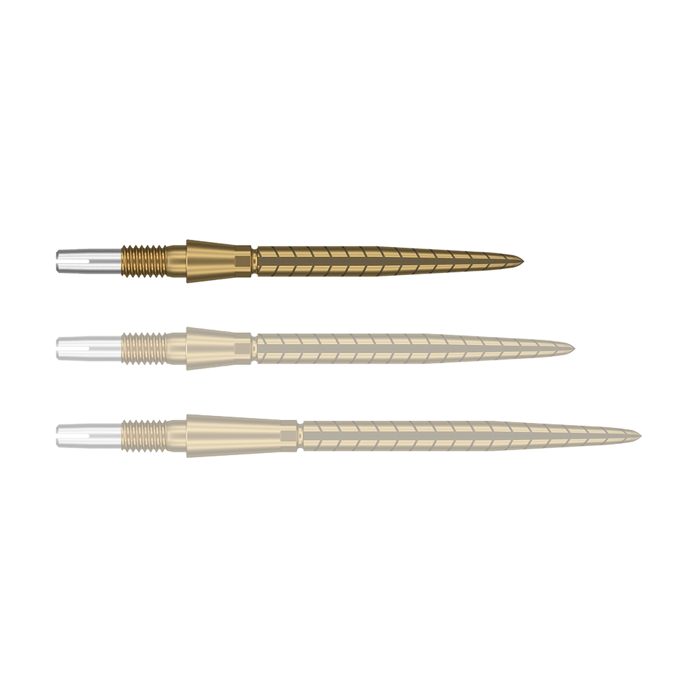 Punte per freccette Target Swiss Storm Quartz - Oro Auf dem Bild sind drei goldene Dartspitzen in einer Reihe zu sehen. Sie haben ein spiralförmiges Muster und am hinteren Ende einen silbernen Abschnitt.
