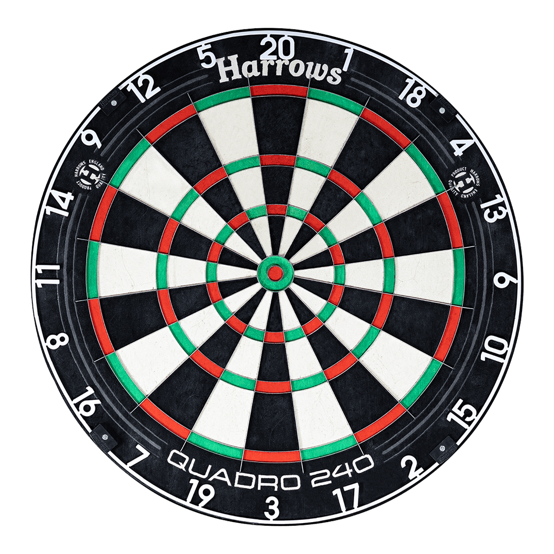 Bersaglio per freccette in acciaio Harrows Quadro 240 Harrows Quadro 240 Steeldartboard ist auf dem Bild zu sehen. Die Segmente und Zahlen sind klar abgebildet.