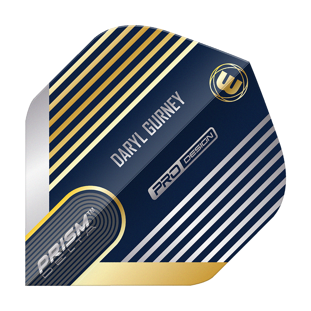 Voli standard Winmau Prism Delta Daryl Gurney No2 Das Bild zeigt ein Winmau Prism Delta Daryl Gurney No2 Standard Dart Flight. Das Design ist überwiegend dunkelblau mit silbernen und goldenen Streifen und enthält den Namen "Daryl Gurney".
