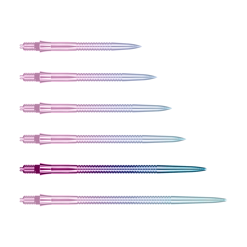Punte per freccette Caliburn EZ-EVO - Scanalate - Arcobaleno Dargestellt ist eine einzelne Caliburn EZ-EVO Dartspitze in 45 mm Länge und grooved Rainbow-Design. Die Spitze leuchtet in Regenbogenfarben und hat ein geriffeltes Muster.