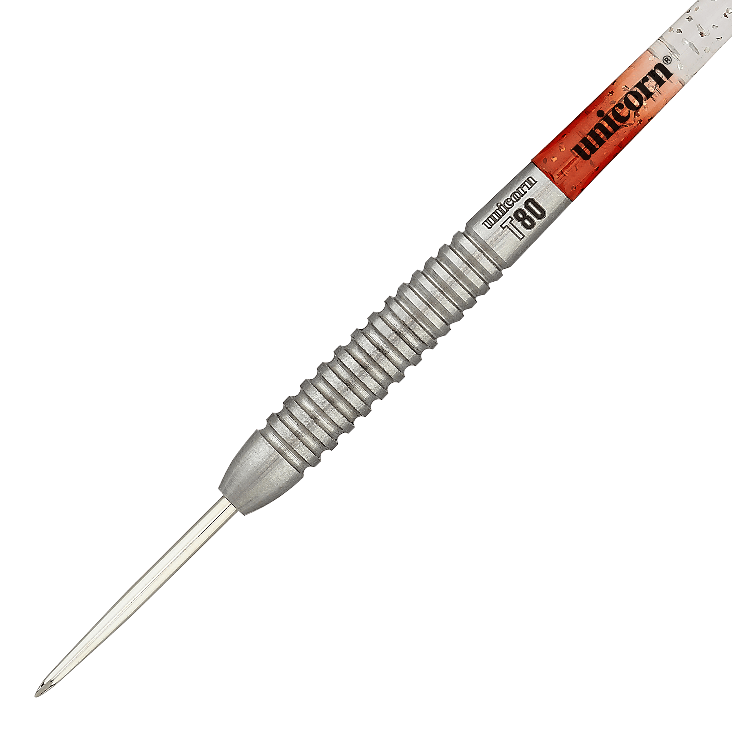 Unicorn Core XL Striker Style 5 freccette in acciaio Das Bild zeigt einen Unicorn Core XL Striker Style 5 Steeldart. Der Dartpfeil hat einen silbernen, geriffelten Griff und eine spitze Metallspitze.