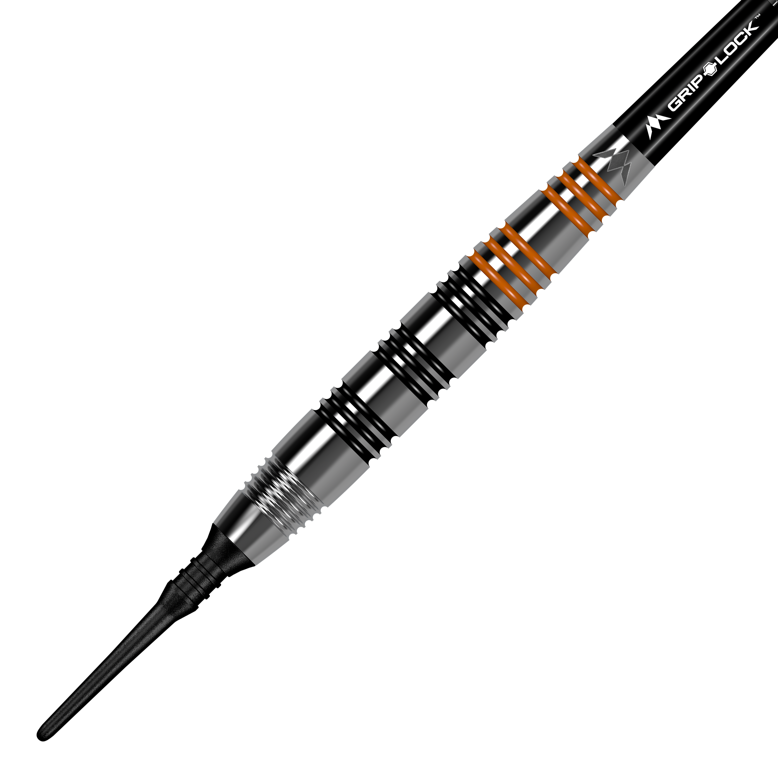 Freccette morbide Mission Javan Brass - 18 g Das Bild zeigt den "Mission Javan Brass Softdart" mit einem Gewicht von 18g. Der Dartpfeil ist silbern mit schwarzen und orangefarbenen Ringen am Griff.